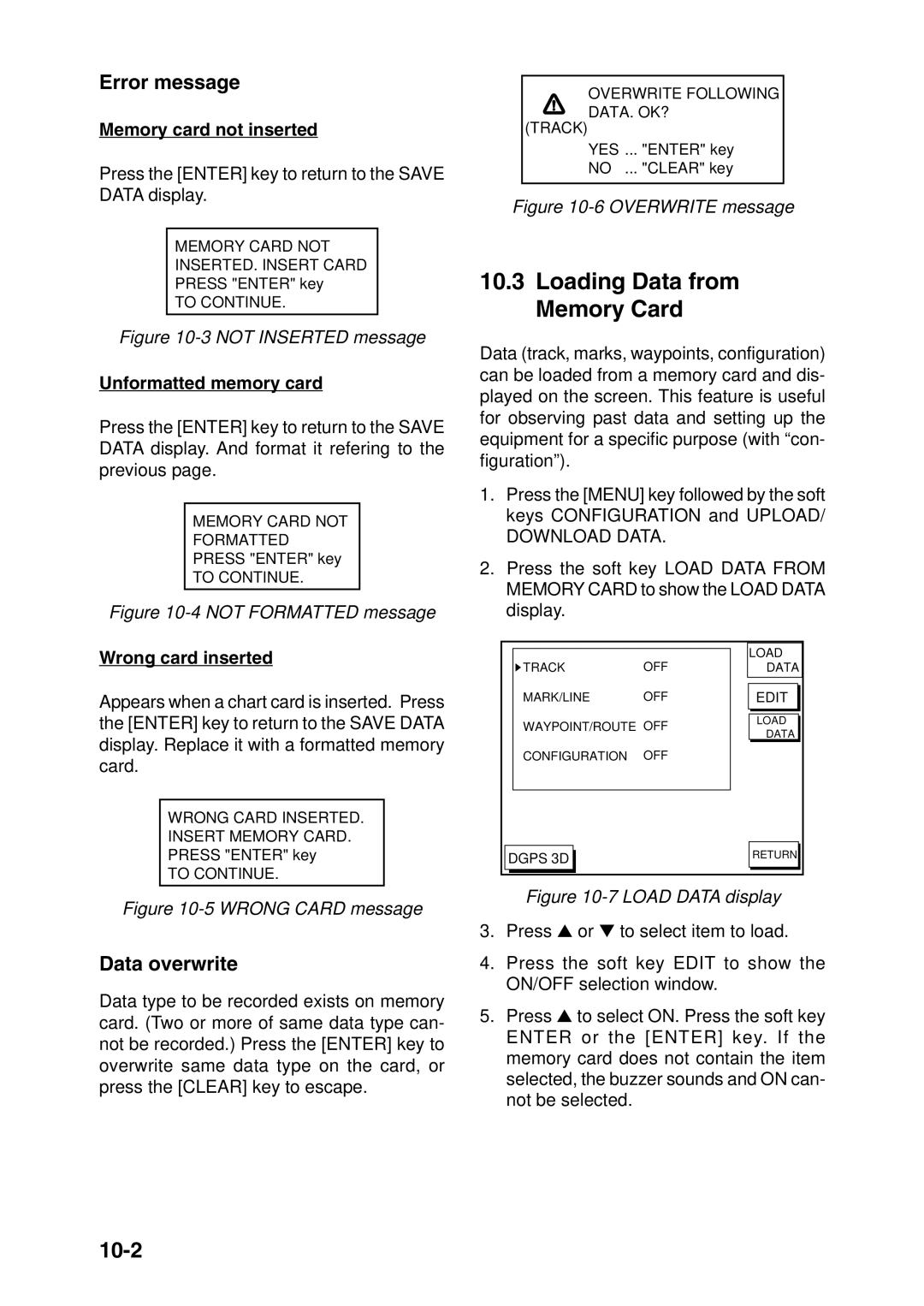 Furuno GP-1850DF, GP-1850F manual Loading Data from Memory Card, 10-2, Error message, Data overwrite 