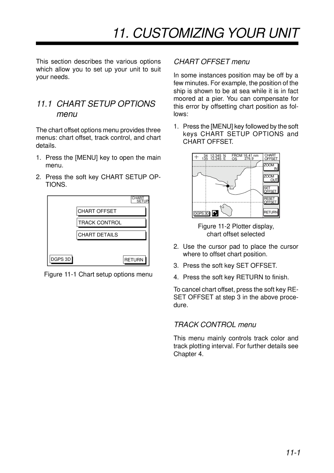 Furuno GP-1850F, GP-1850DF Customizing Your Unit, Chart Setup Options menu, 11-1, Chart Offset menu, Track Control menu 