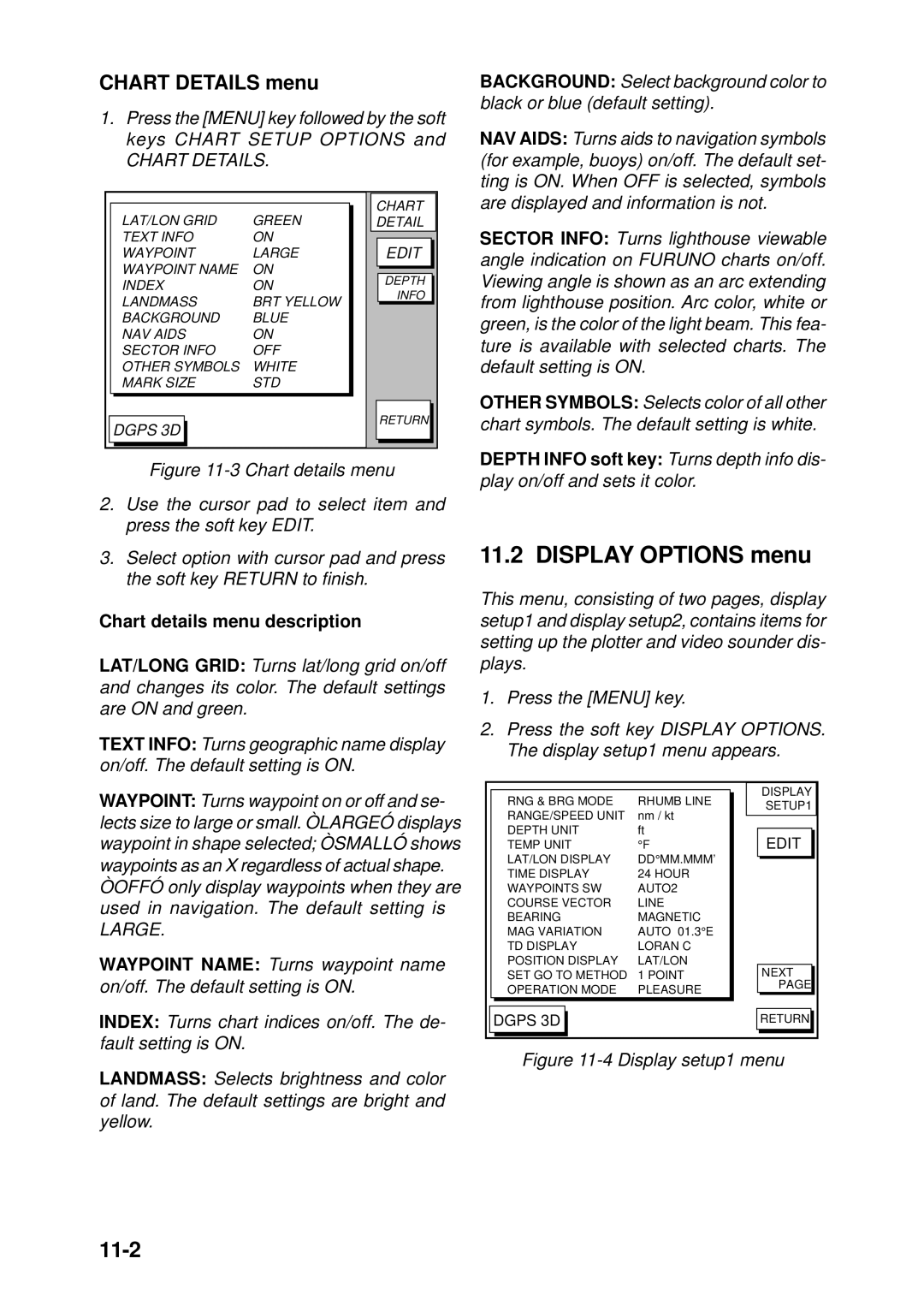 Furuno GP-1850DF, GP-1850F manual Display Options menu, 11-2, Chart Details menu, Chart details menu description 