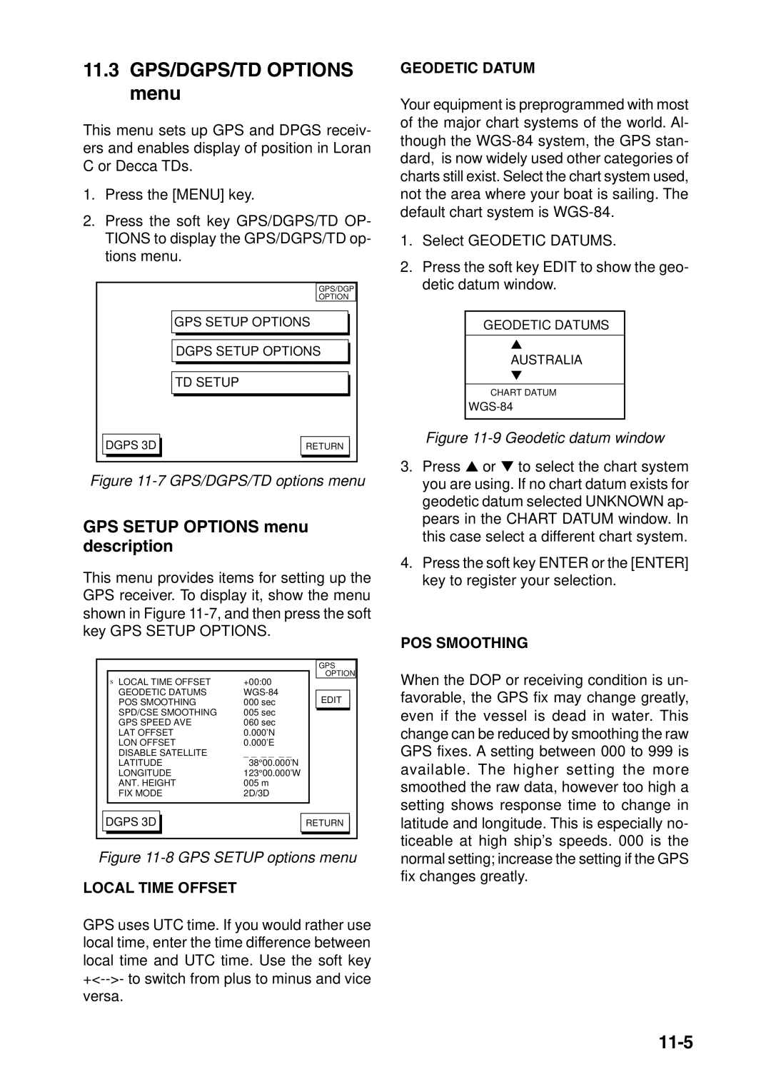 Furuno GP-1850F, GP-1850DF manual 11.3 GPS/DGPS/TD Options menu, 11-5, GPS Setup Options menu description 