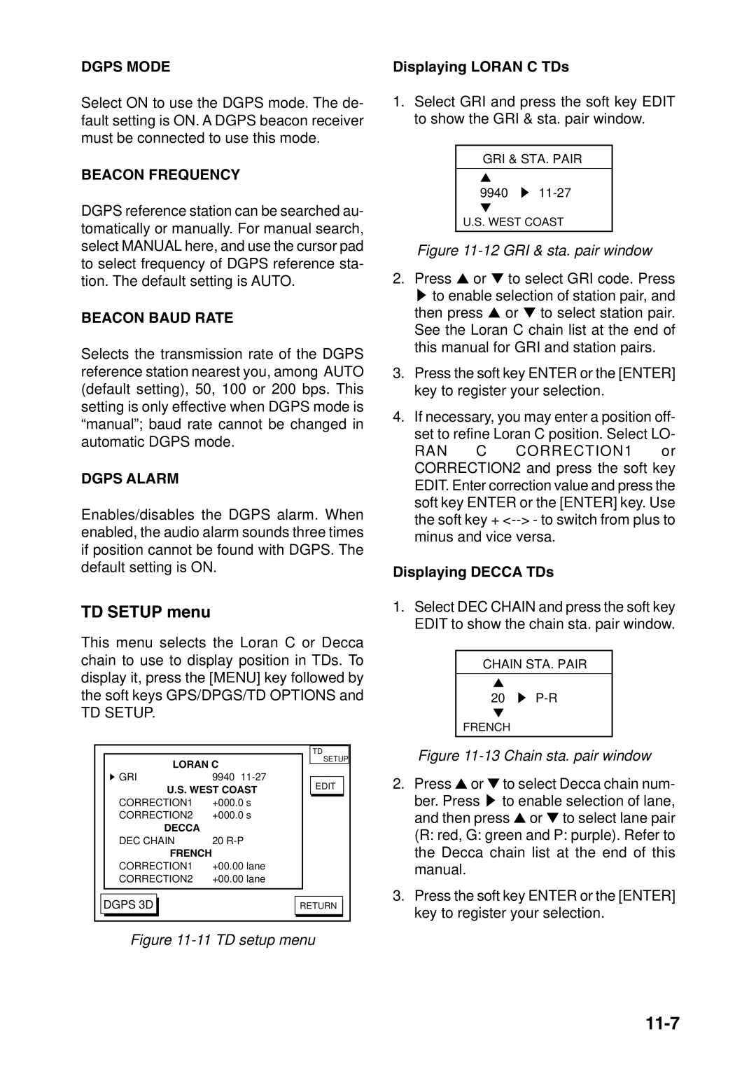 Furuno GP-1850F, GP-1850DF manual 11-7, TD Setup menu, Displaying Loran C TDs, Displaying Decca TDs 