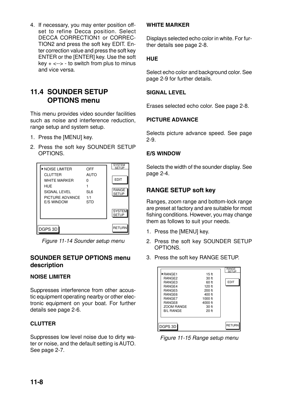 Furuno GP-1850DF, GP-1850F manual 11-8, Range Setup soft key, Sounder Setup Options menu description 