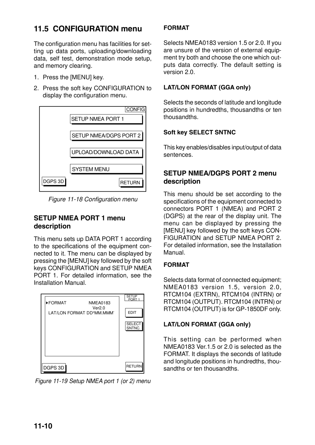 Furuno GP-1850DF Configuration menu, 11-10, Setup Nmea Port 1 menu description, Setup NMEA/DGPS Port 2 menu description 