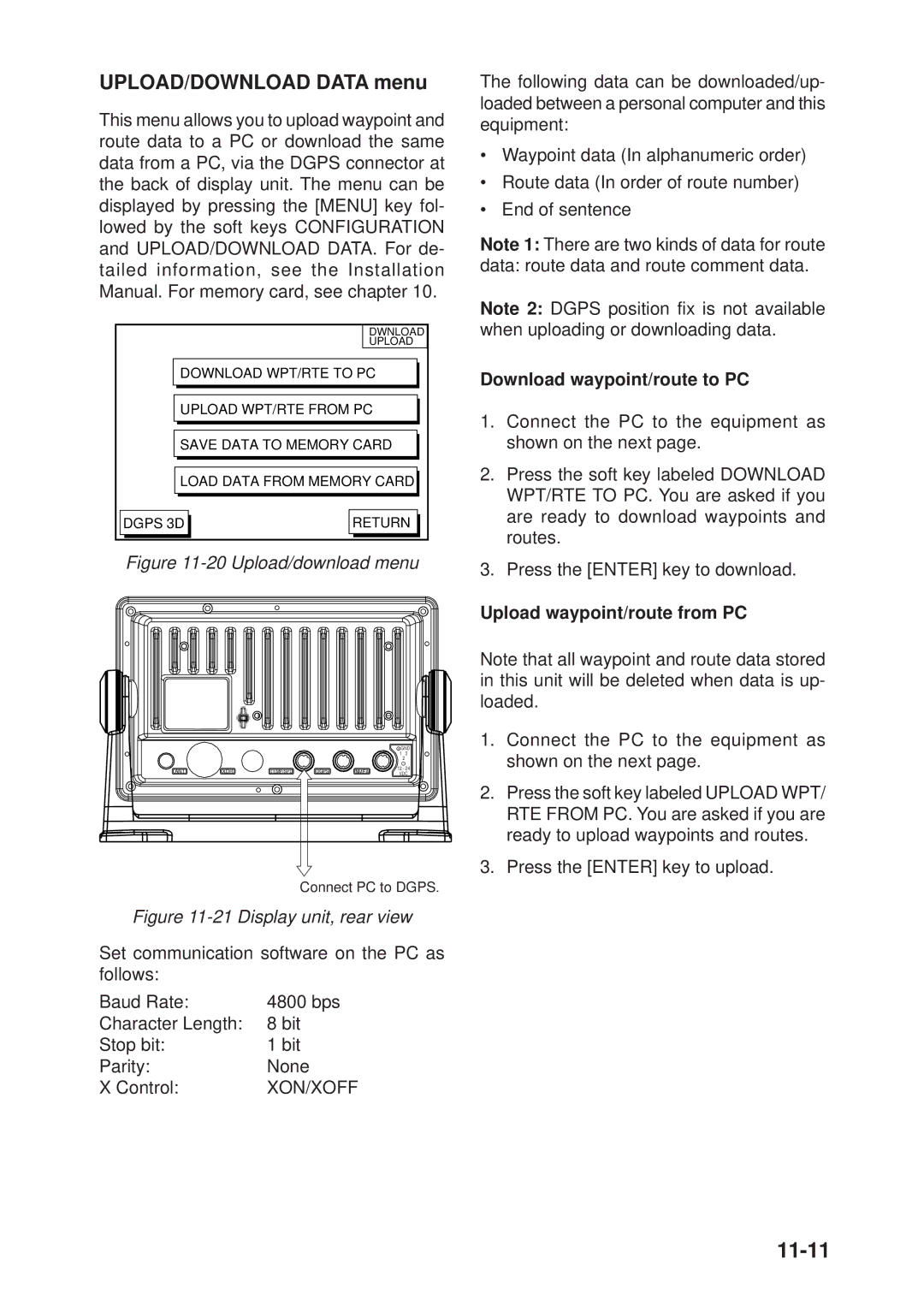 Furuno GP-1850F 11-11, UPLOAD/DOWNLOAD Data menu, Xon/Xoff, Download waypoint/route to PC, Upload waypoint/route from PC 