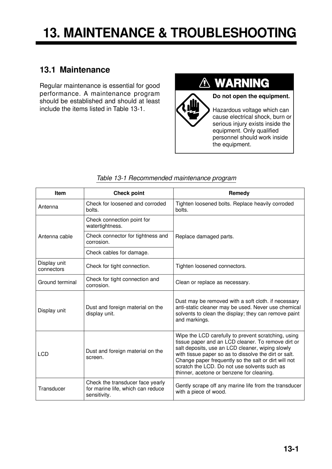 Furuno GP-1850F, GP-1850DF manual Maintenance & Troubleshooting, 13-1, Recommended maintenance program 