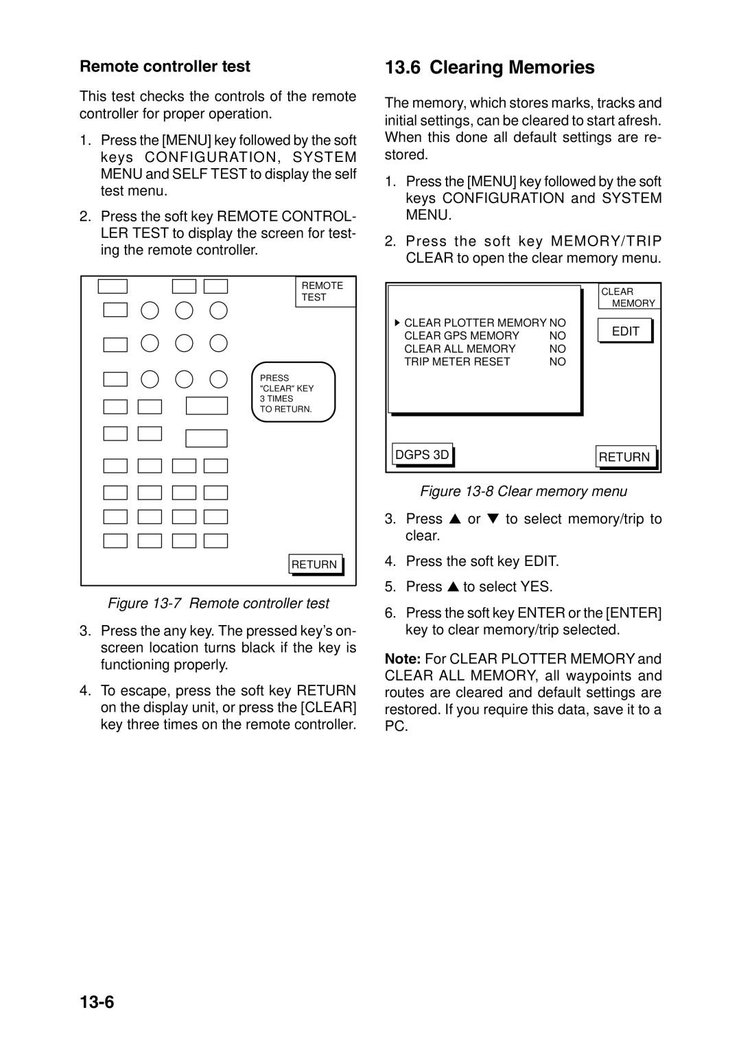 Furuno GP-1850DF, GP-1850F manual Clearing Memories, 13-6, Remote controller test 