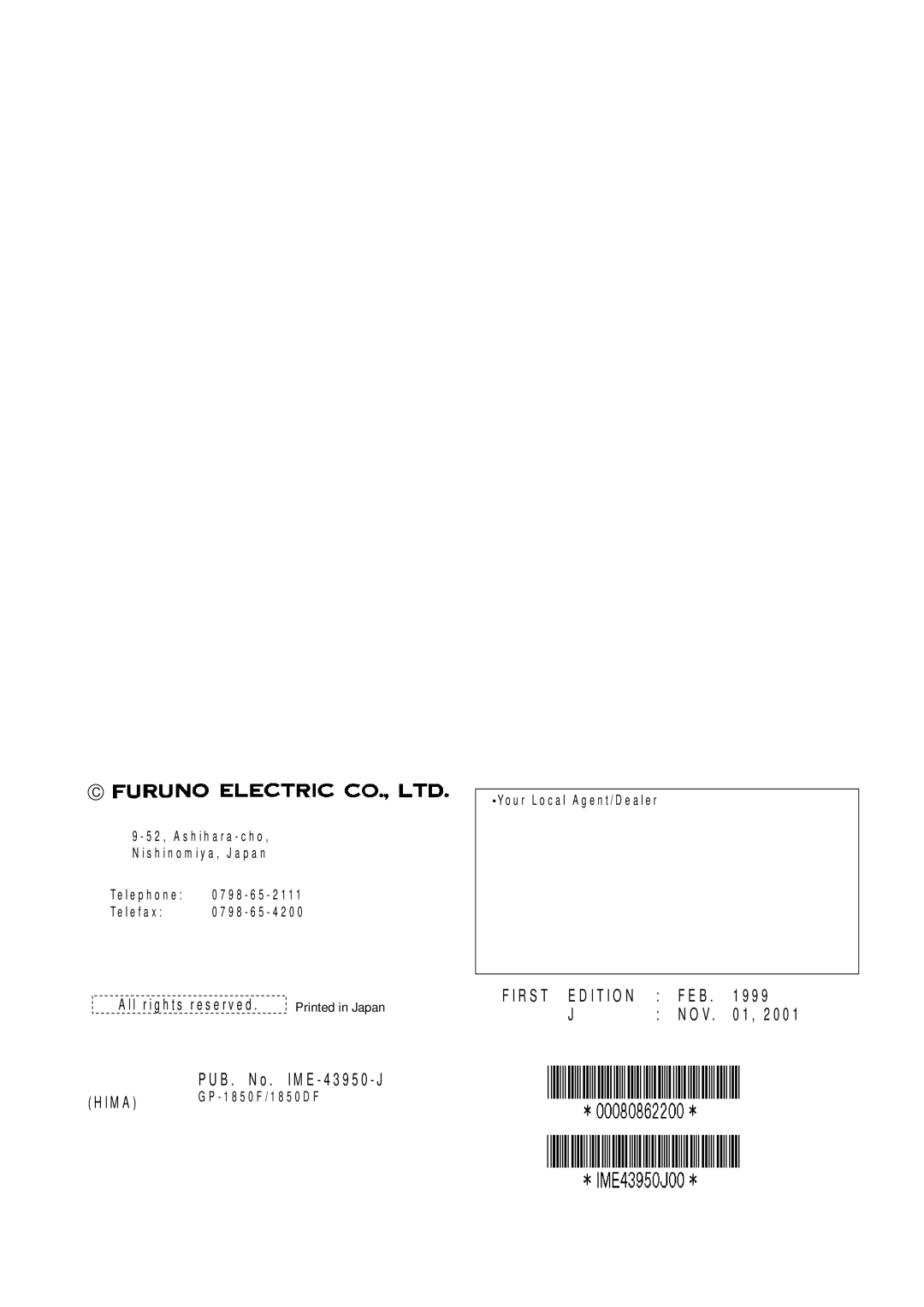 Furuno GP-1850DF installation manual B . N o . I M E 4 3 9 5 0 J 