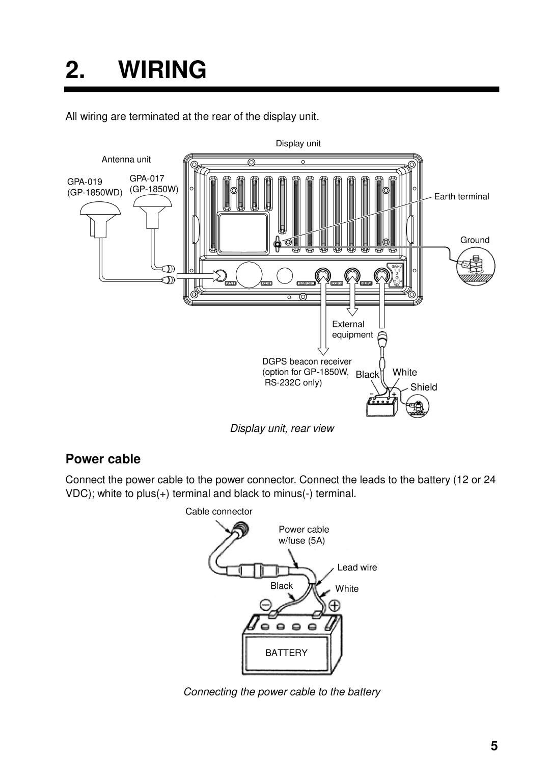 Furuno GP-1850WD installation manual Power cable, Display unit, rear view, Connecting the power cable to the battery 