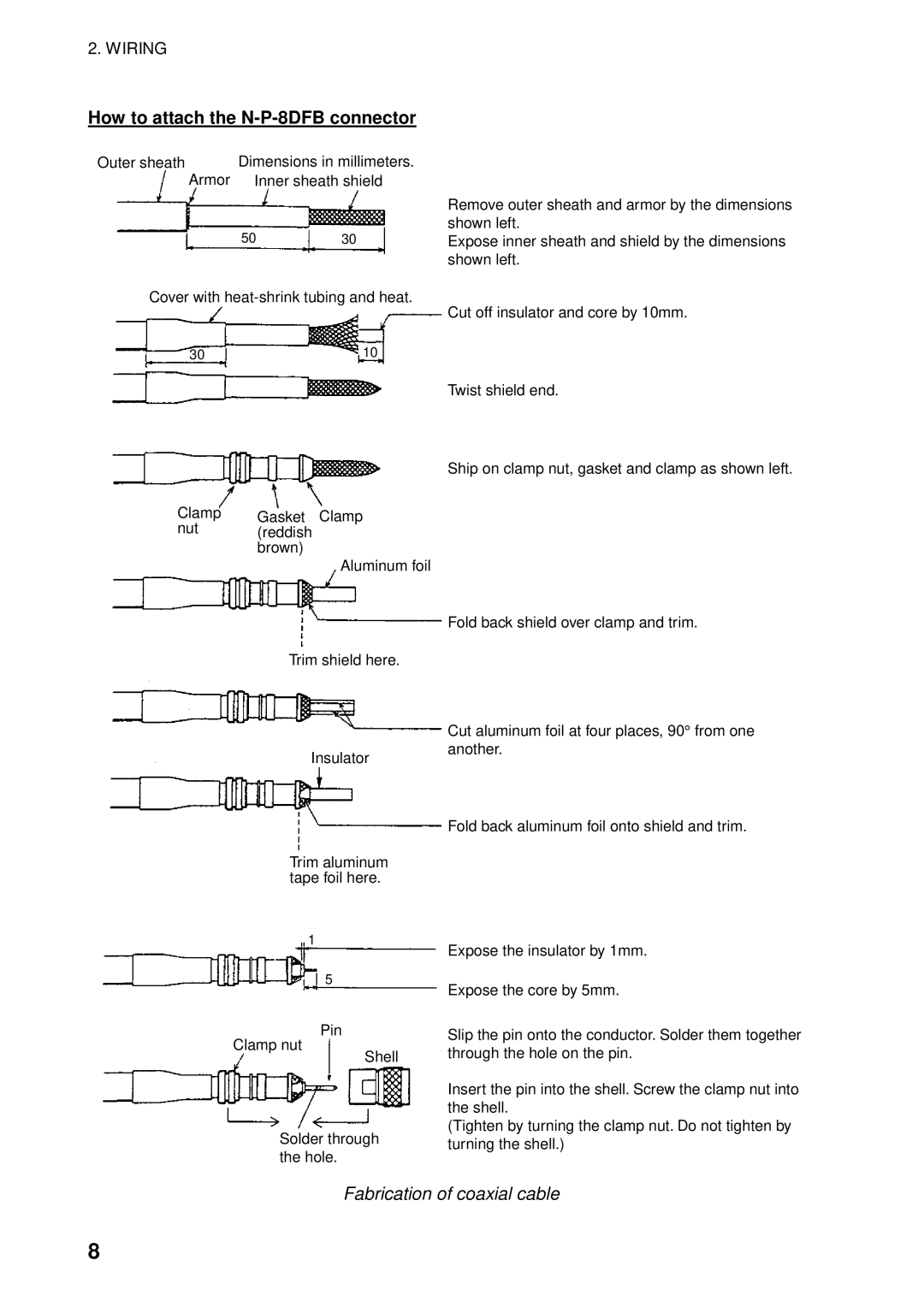 Furuno GP-1850WD installation manual How to attach the N-P-8DFB connector, Fabrication of coaxial cable 