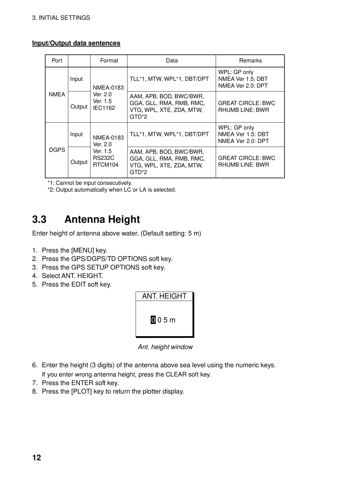 Furuno GP-1850WD installation manual Antenna Height, Input/Output data sentences, Ant. height window 