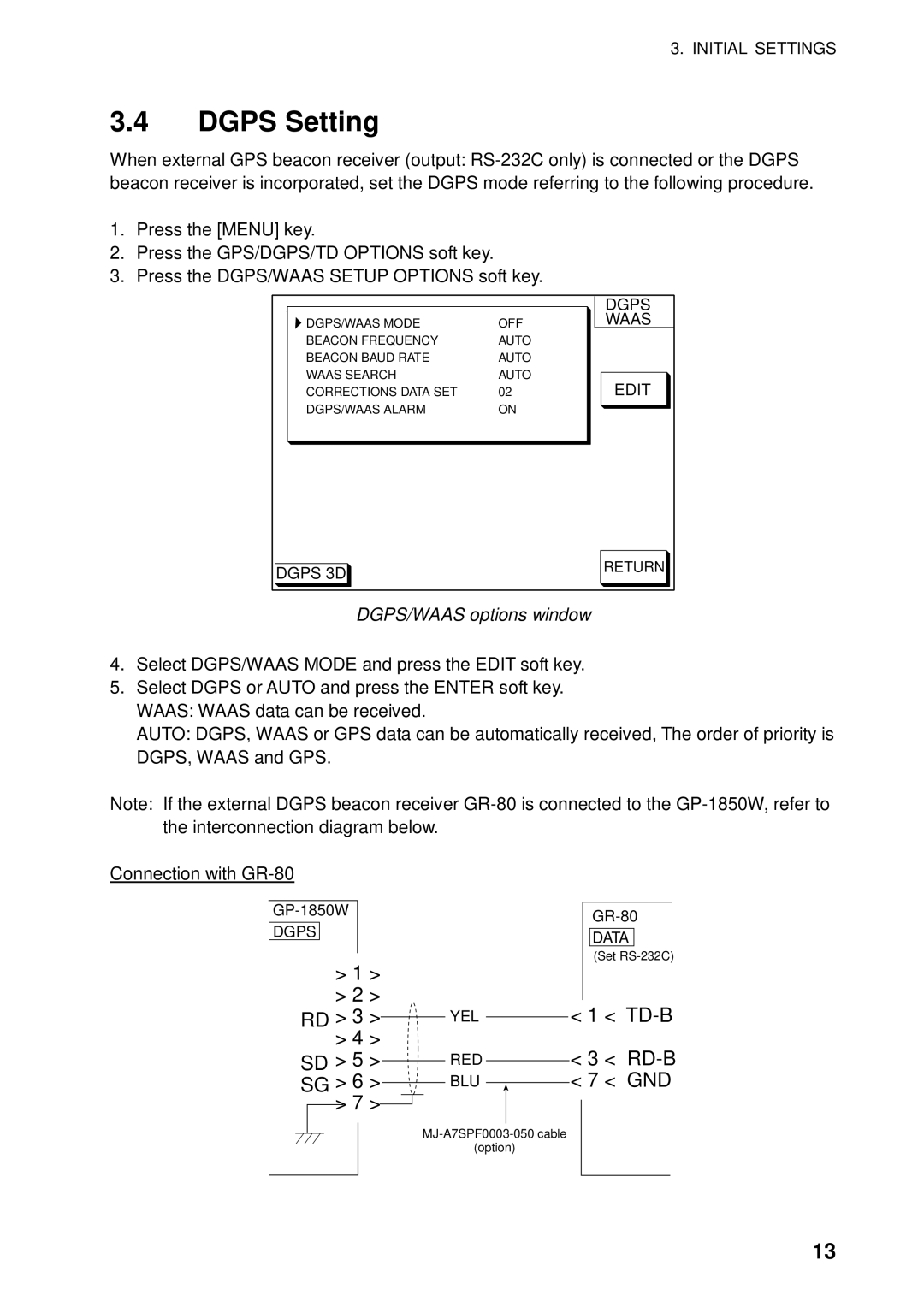 Furuno GP-1850WD installation manual Dgps Setting, DGPS/WAAS options window 