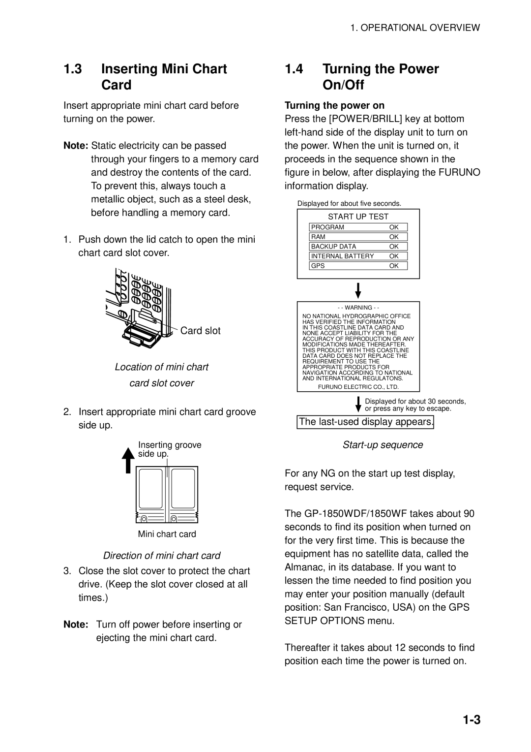 Furuno GP-1850WF, GP-1850WDF Inserting Mini Chart Card, Turning the Power On/Off, Location of mini chart Card slot cover 