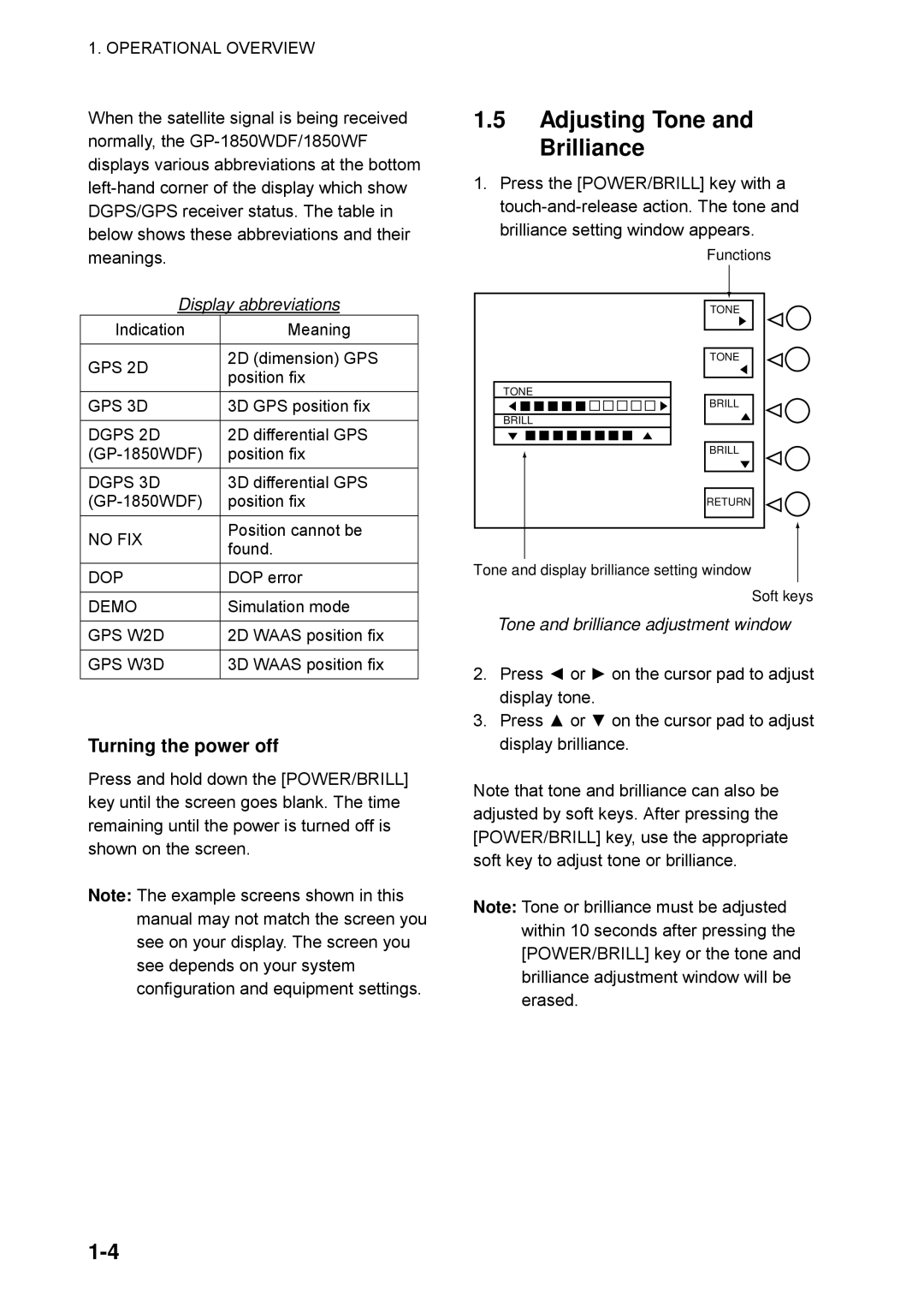 Furuno GP-1850WDF, GP-1850WF manual Adjusting Tone and Brilliance, Turning the power off, Display abbreviations 