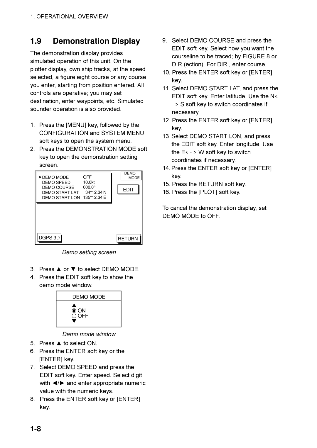 Furuno GP-1850WDF, GP-1850WF manual Demonstration Display, Demo setting screen, Demo mode window 