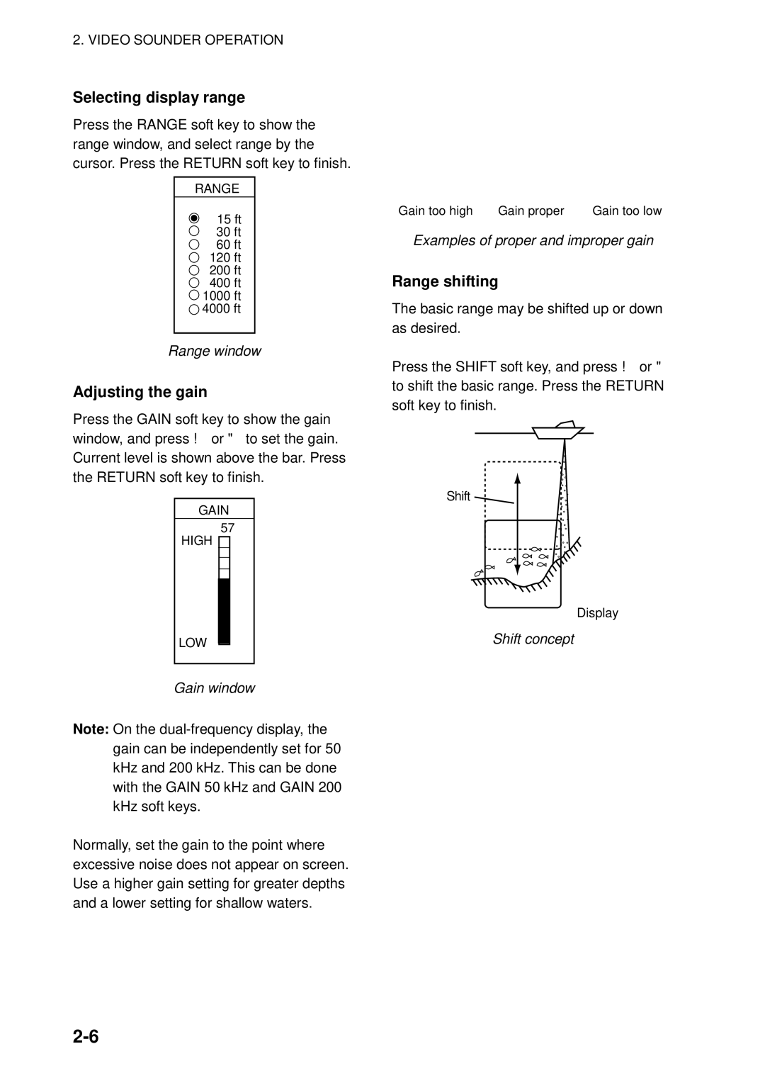 Furuno GP-1850WDF, GP-1850WF manual Selecting display range, Adjusting the gain, Range shifting 