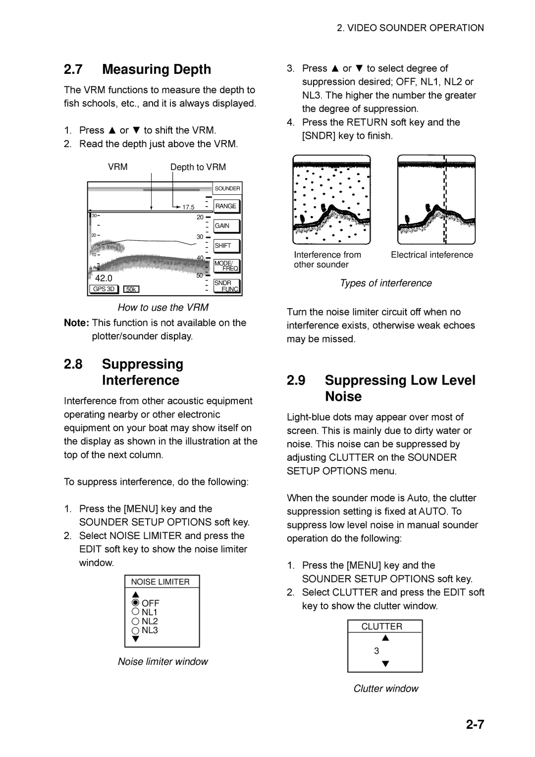 Furuno GP-1850WF, GP-1850WDF manual Measuring Depth, Suppressing Interference, Suppressing Low Level Noise 