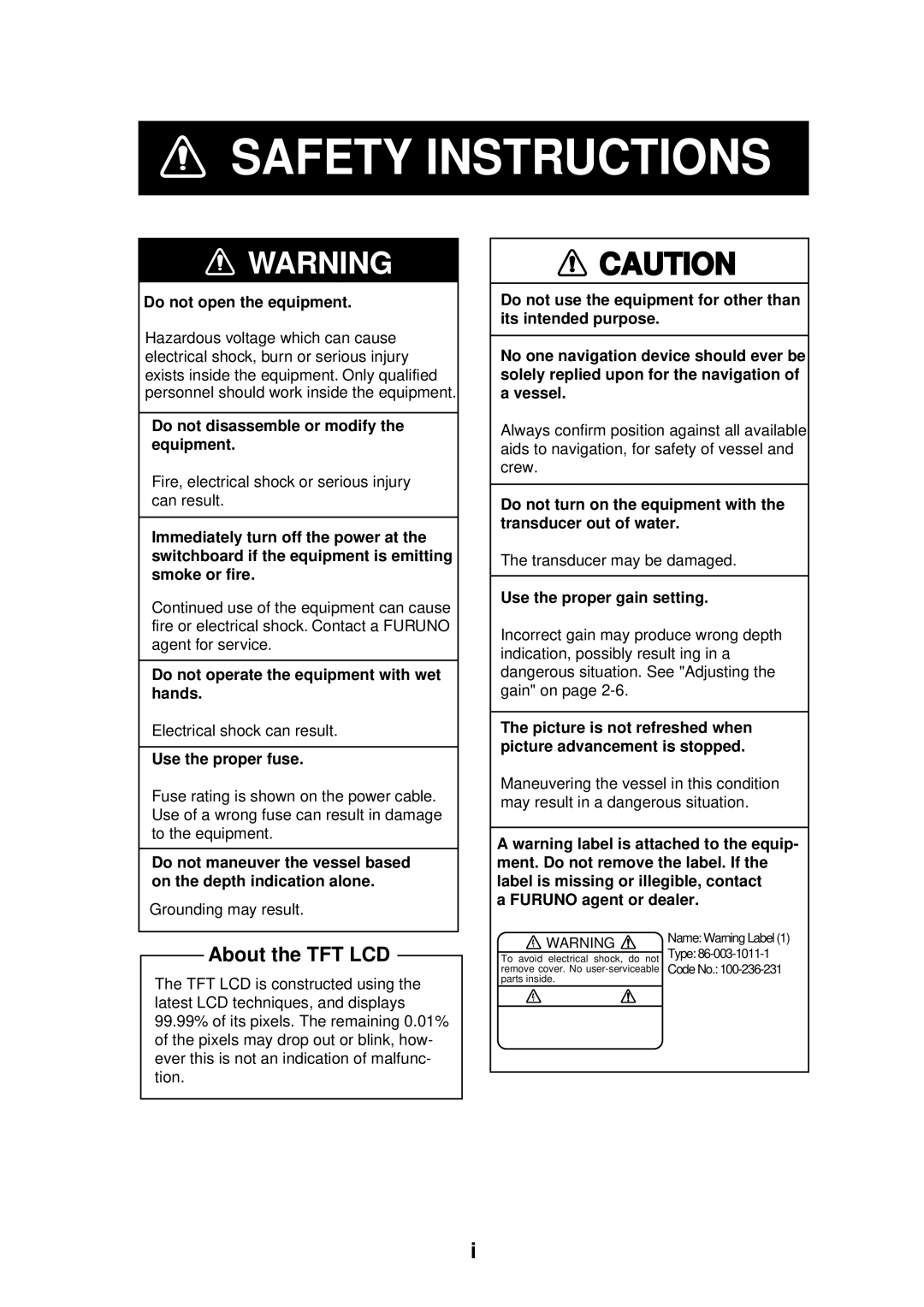 Furuno GP-1850WF, GP-1850WDF manual Safety Instructions 