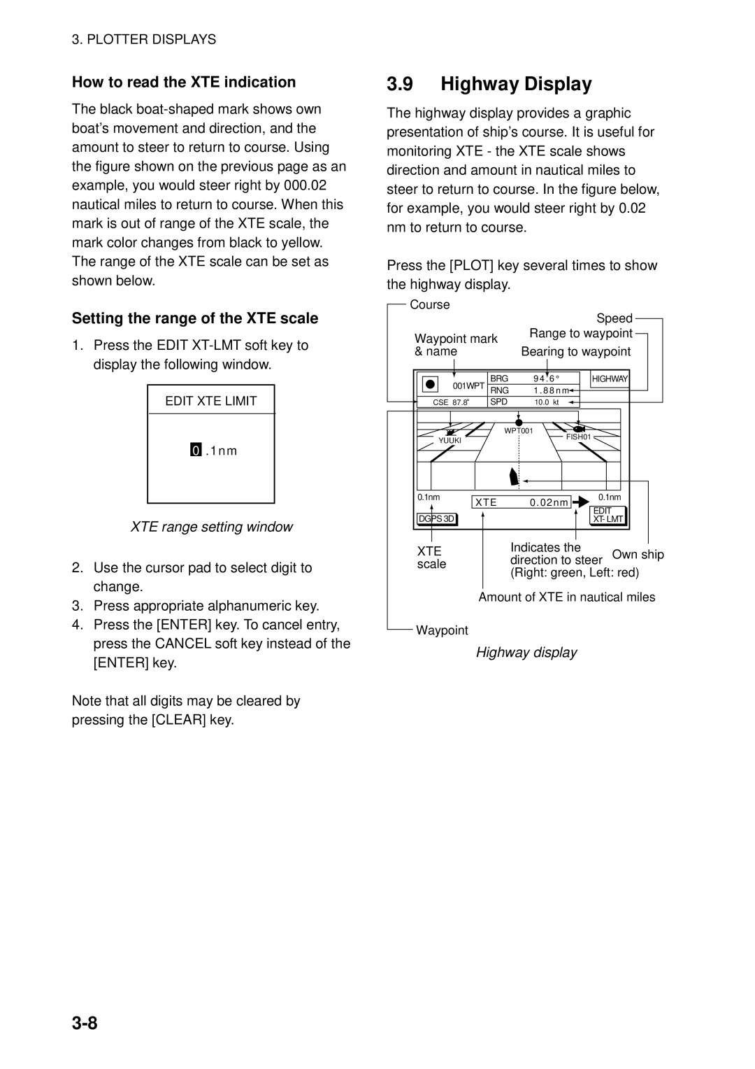 Furuno GP-1850WDF Highway Display, How to read the XTE indication, Setting the range of the XTE scale, Highway display 