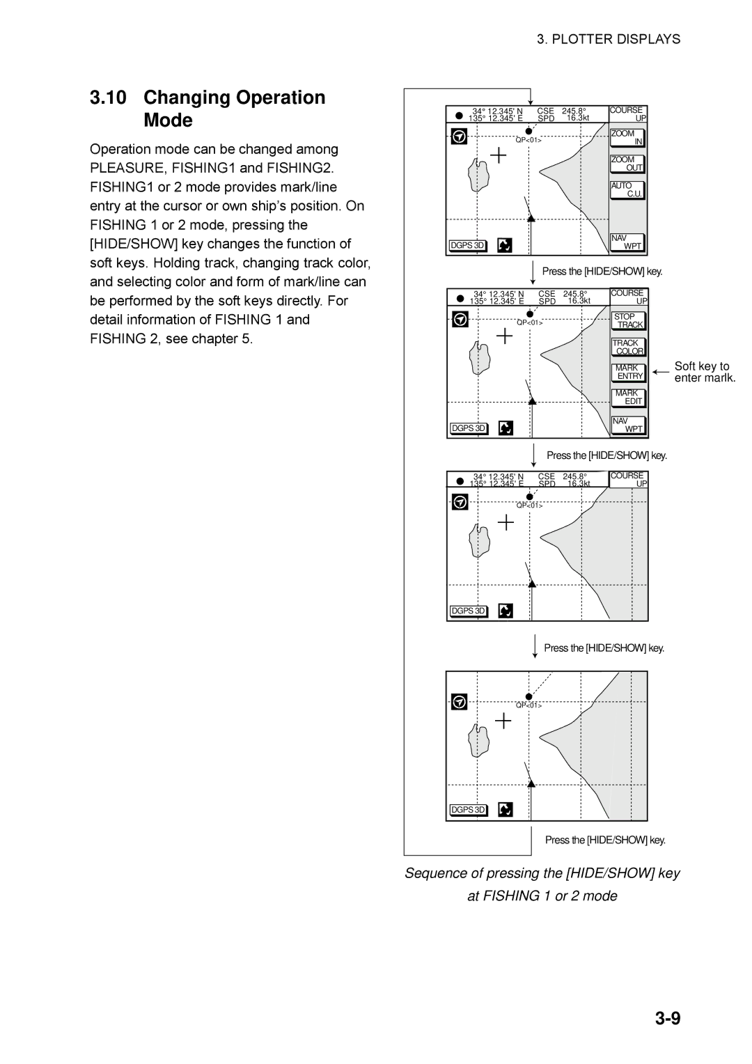 Furuno GP-1850WF, GP-1850WDF manual Changing Operation Mode, Press the HIDE/SHOW key 
