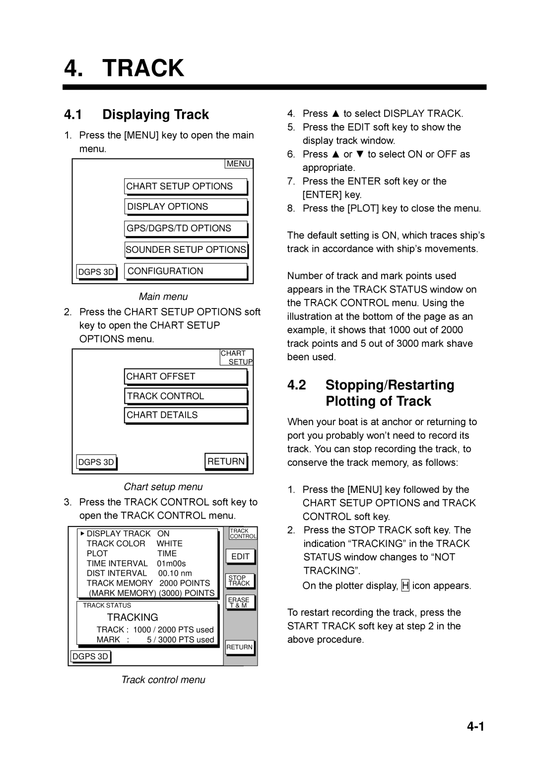 Furuno GP-1850WF manual Displaying Track, Stopping/Restarting Plotting of Track, Chart setup menu, Track control menu 