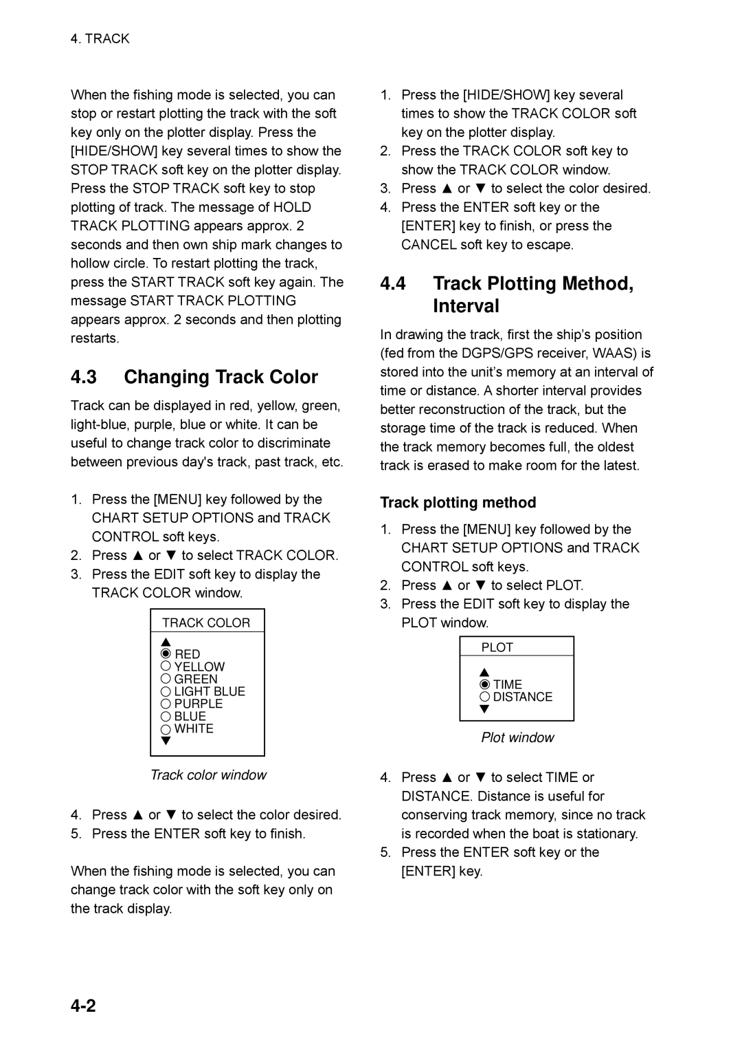 Furuno GP-1850WDF manual Changing Track Color, Track Plotting Method, Interval, Track plotting method, Track color window 