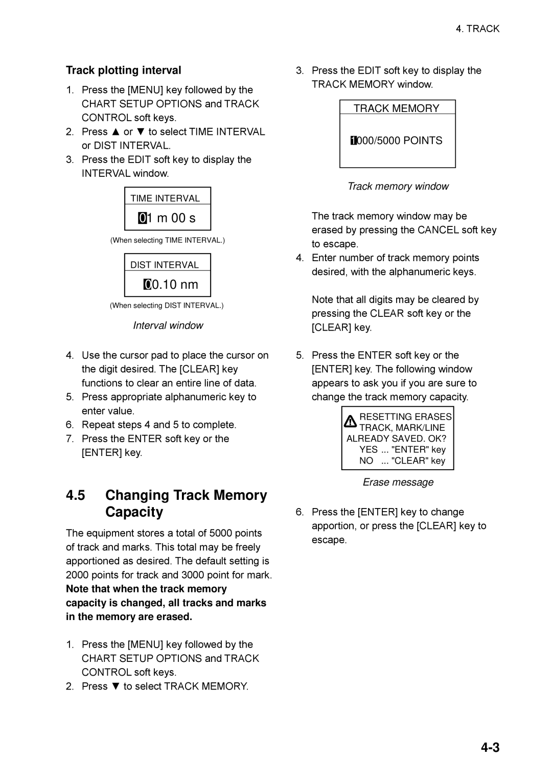 Furuno GP-1850WF, GP-1850WDF Changing Track Memory Capacity, Track plotting interval, Interval window, Track memory window 