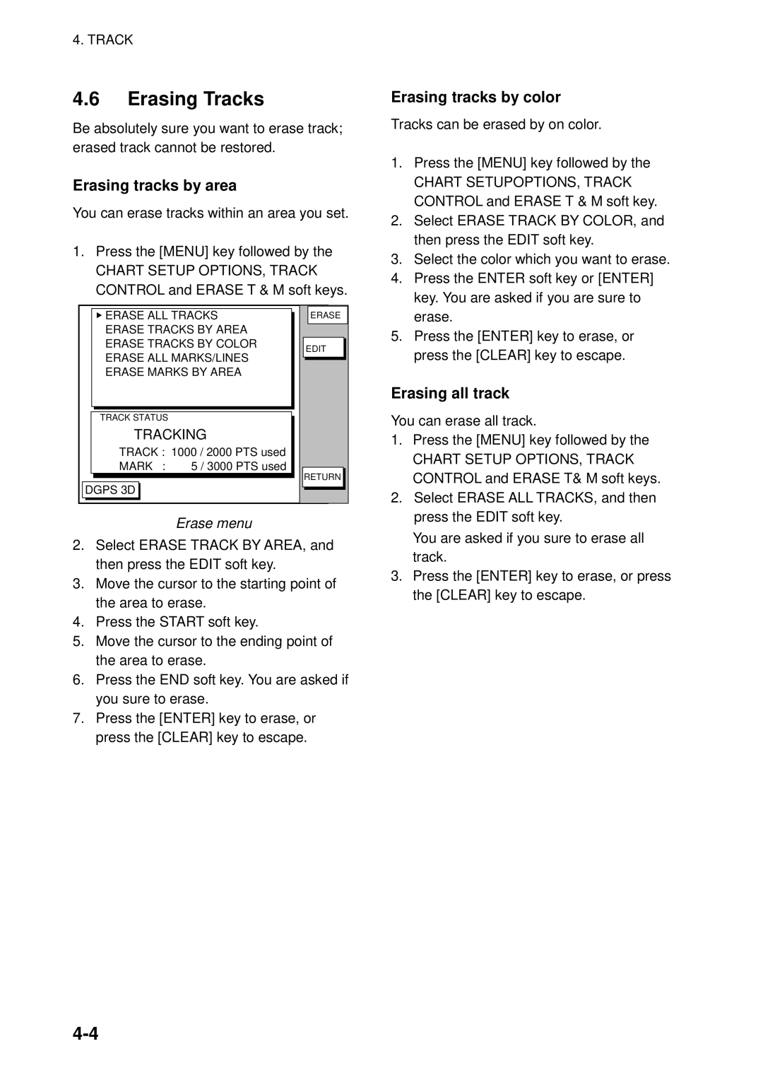 Furuno GP-1850WDF manual Erasing Tracks, Erasing tracks by area, Erasing tracks by color, Erasing all track, Erase menu 