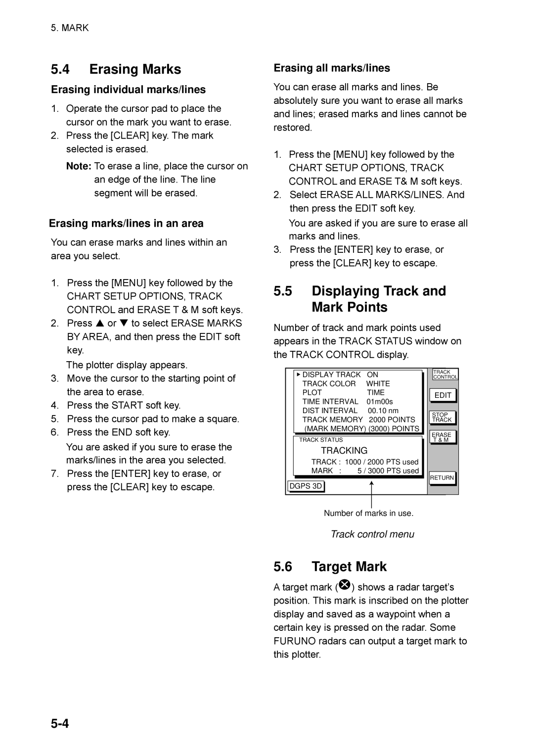 Furuno GP-1850WDF, GP-1850WF manual Erasing Marks, Displaying Track and Mark Points, Target Mark 