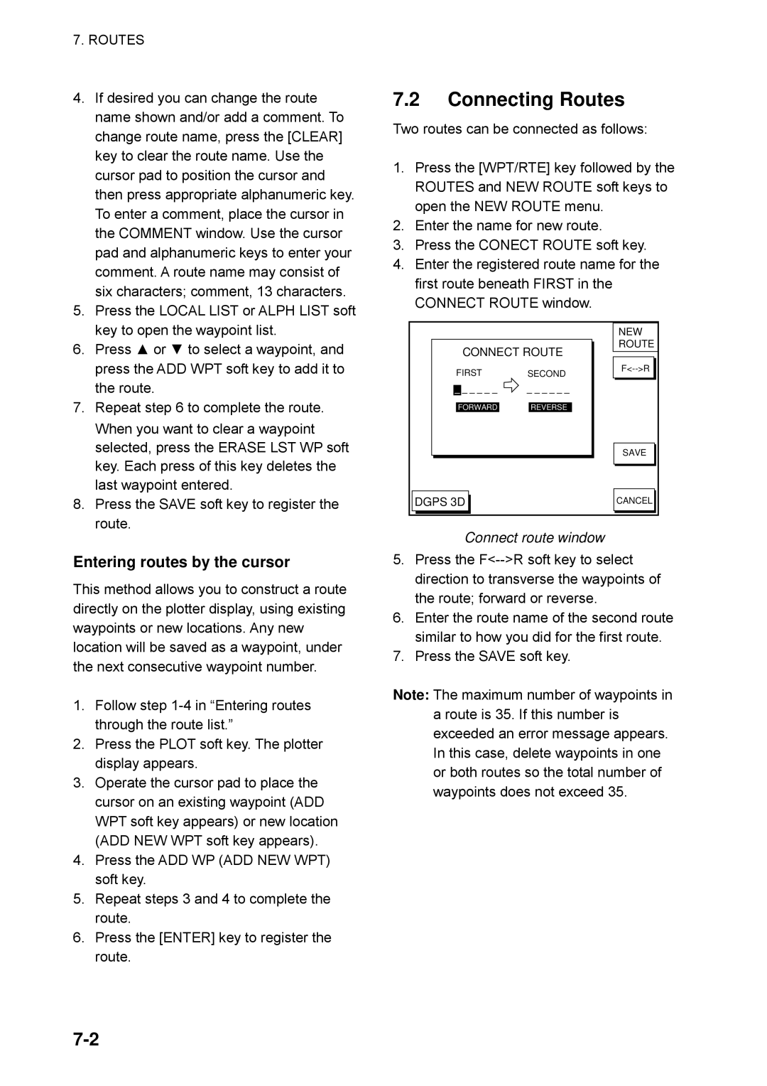 Furuno GP-1850WDF, GP-1850WF manual Connecting Routes, Entering routes by the cursor, Connect route window 