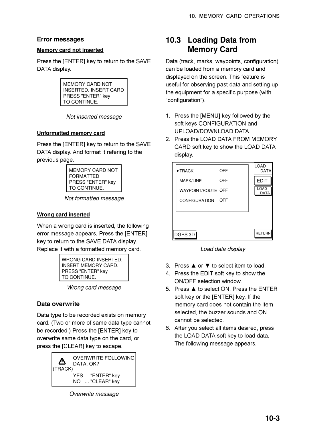 Furuno GP-1850WF, GP-1850WDF manual Loading Data from Memory Card, 10-3, Error messages, Data overwrite 