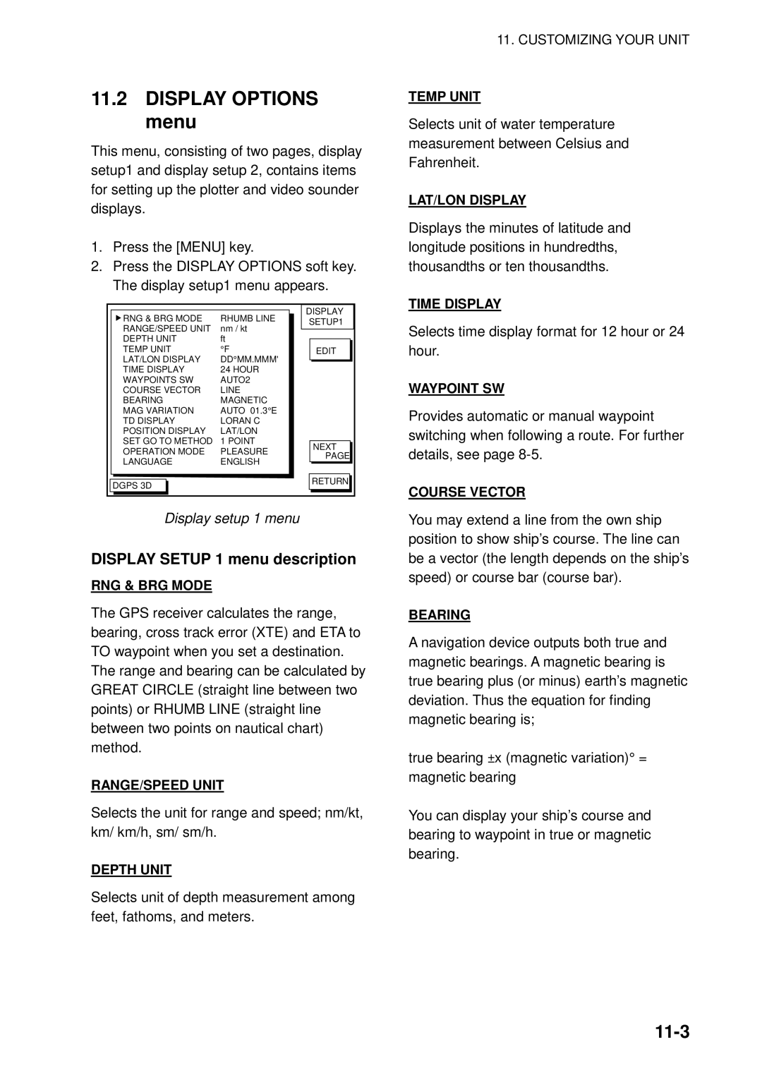 Furuno GP-1850WF, GP-1850WDF manual Display Options menu, 11-3, Display Setup 1 menu description 