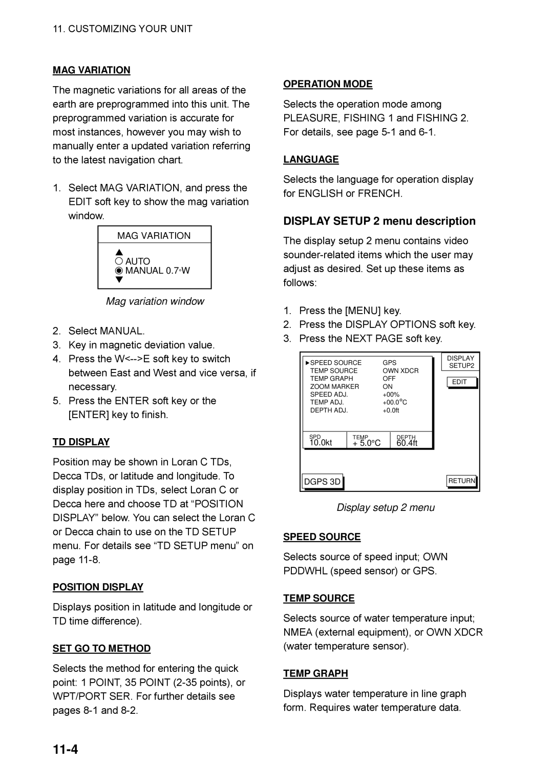 Furuno GP-1850WDF, GP-1850WF manual 11-4, Display Setup 2 menu description, Mag variation window, Display setup 2 menu 