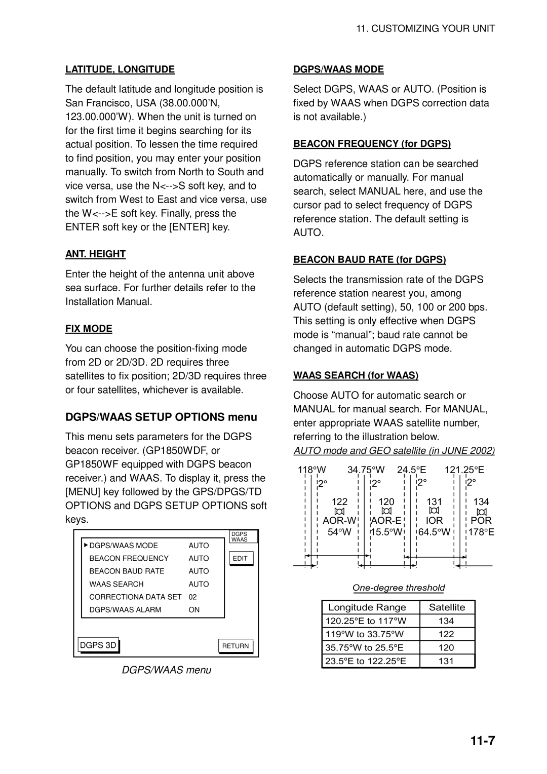 Furuno GP-1850WF, GP-1850WDF manual 11-7, DGPS/WAAS Setup Options menu, DGPS/WAAS menu 