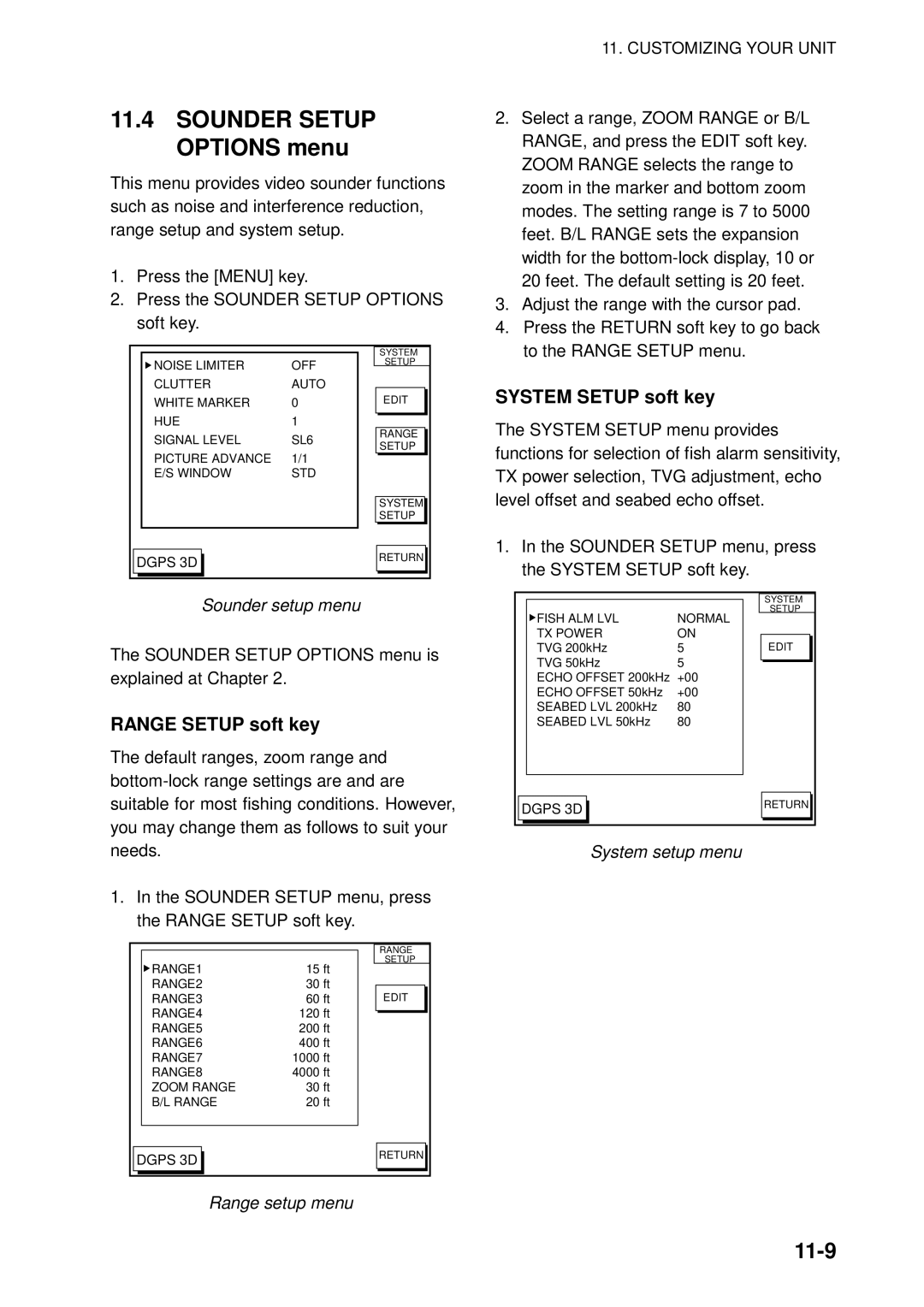 Furuno GP-1850WF, GP-1850WDF manual Sounder Setup Options menu, 11-9, System Setup soft key, Range Setup soft key 