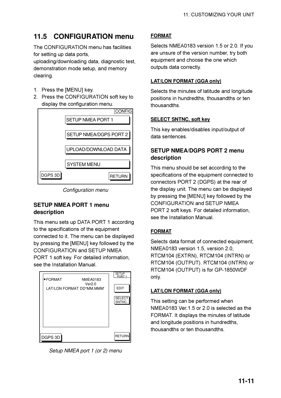 Furuno GP-1850WF Configuration menu, 11-11, Setup Nmea Port 1 menu description, Setup NMEA/DGPS Port 2 menu description 