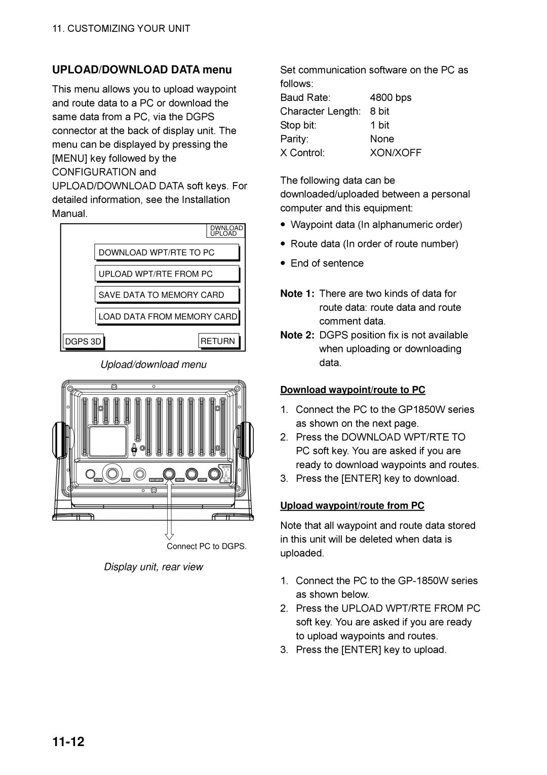 Furuno GP-1850WDF, GP-1850WF manual 11-12, UPLOAD/DOWNLOAD Data menu, Upload/download menu, Display unit, rear view 