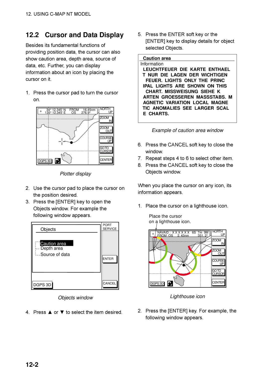 Furuno GP-1850WDF manual Cursor and Data Display, 12-2, Objects window, Example of caution area window, Lighthouse icon 