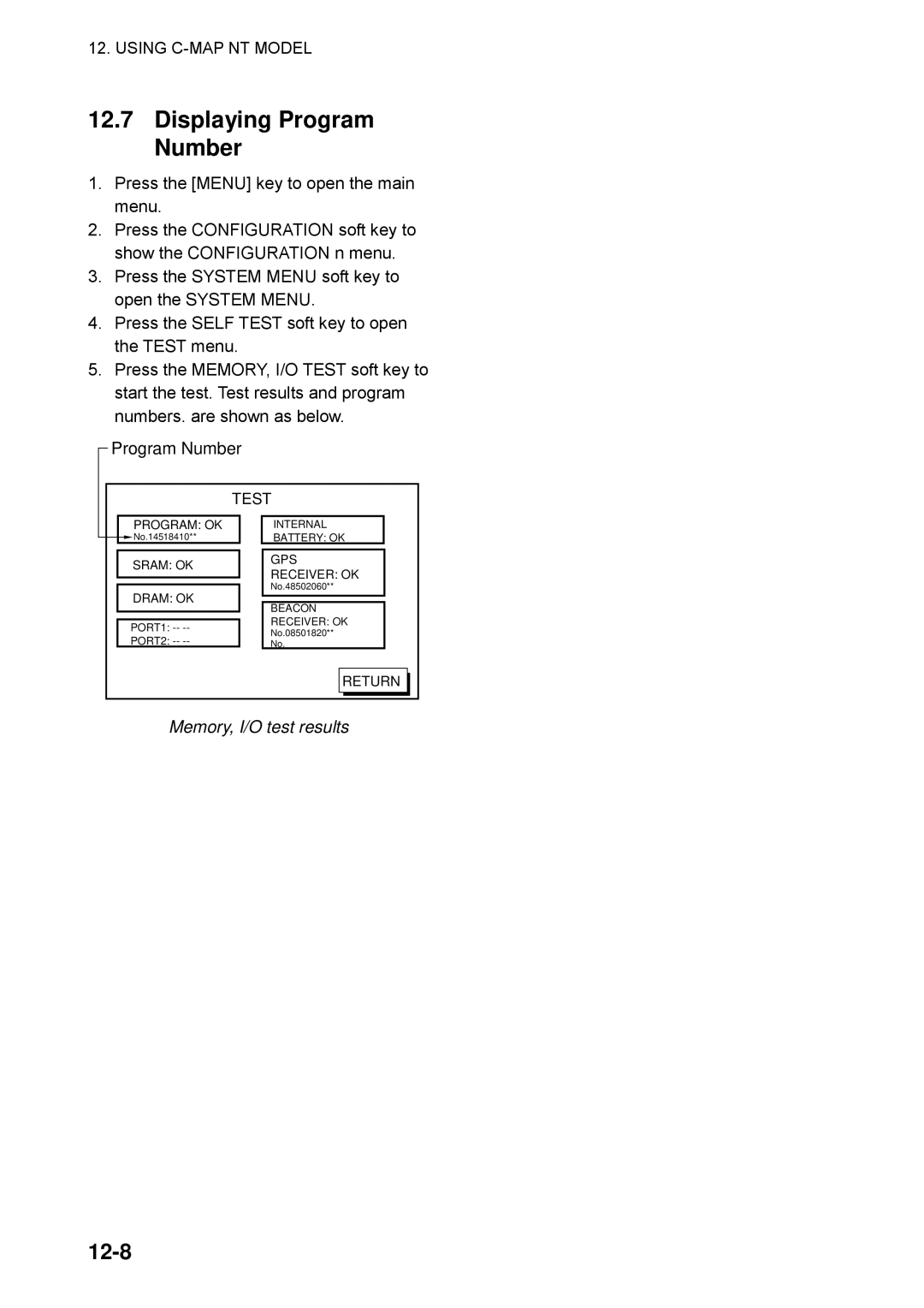 Furuno GP-1850WDF, GP-1850WF manual Displaying Program Number, 12-8, Memory, I/O test results 