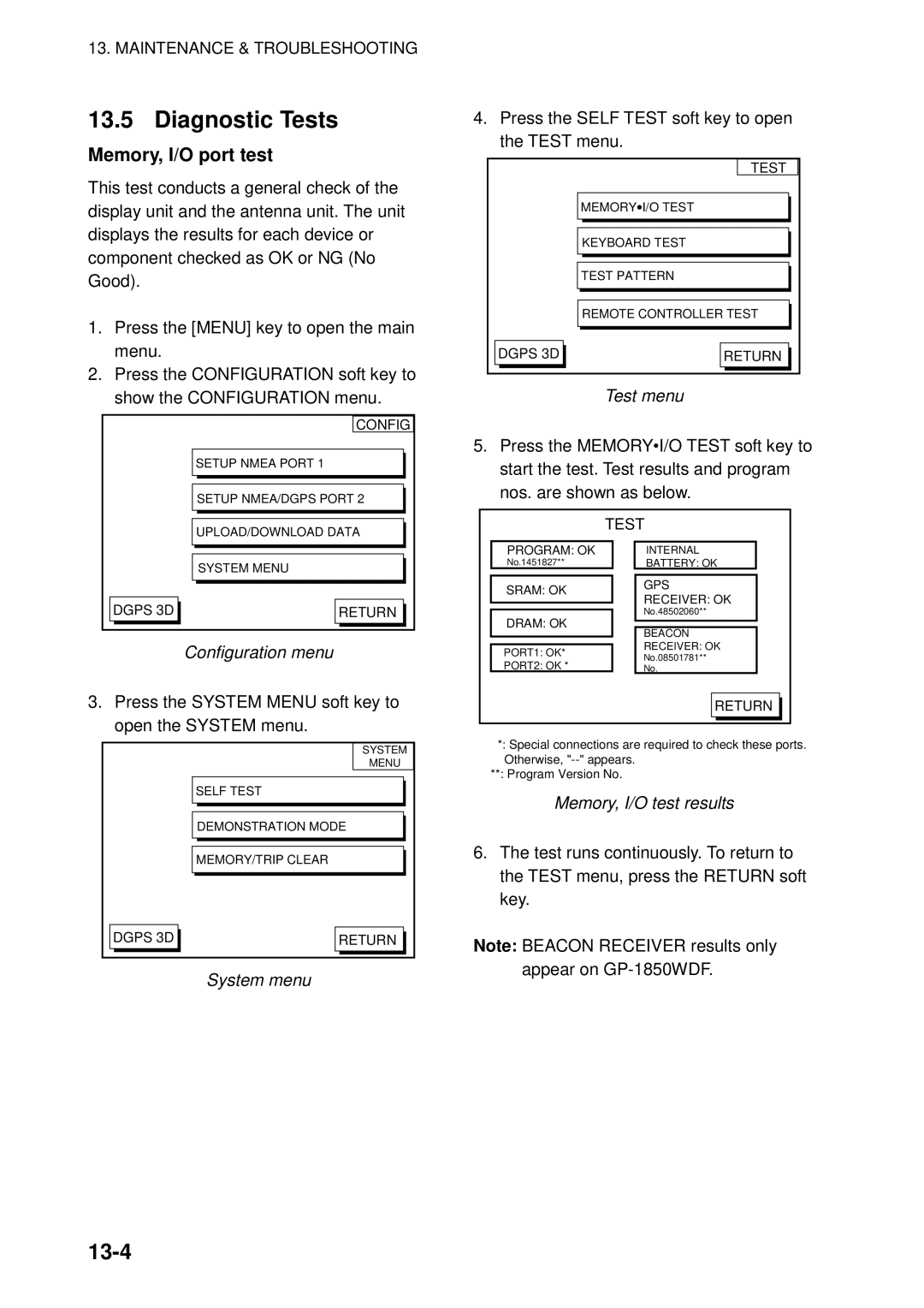 Furuno GP-1850WDF, GP-1850WF manual Diagnostic Tests, 13-4, Memory, I/O port test, Test menu, System menu 