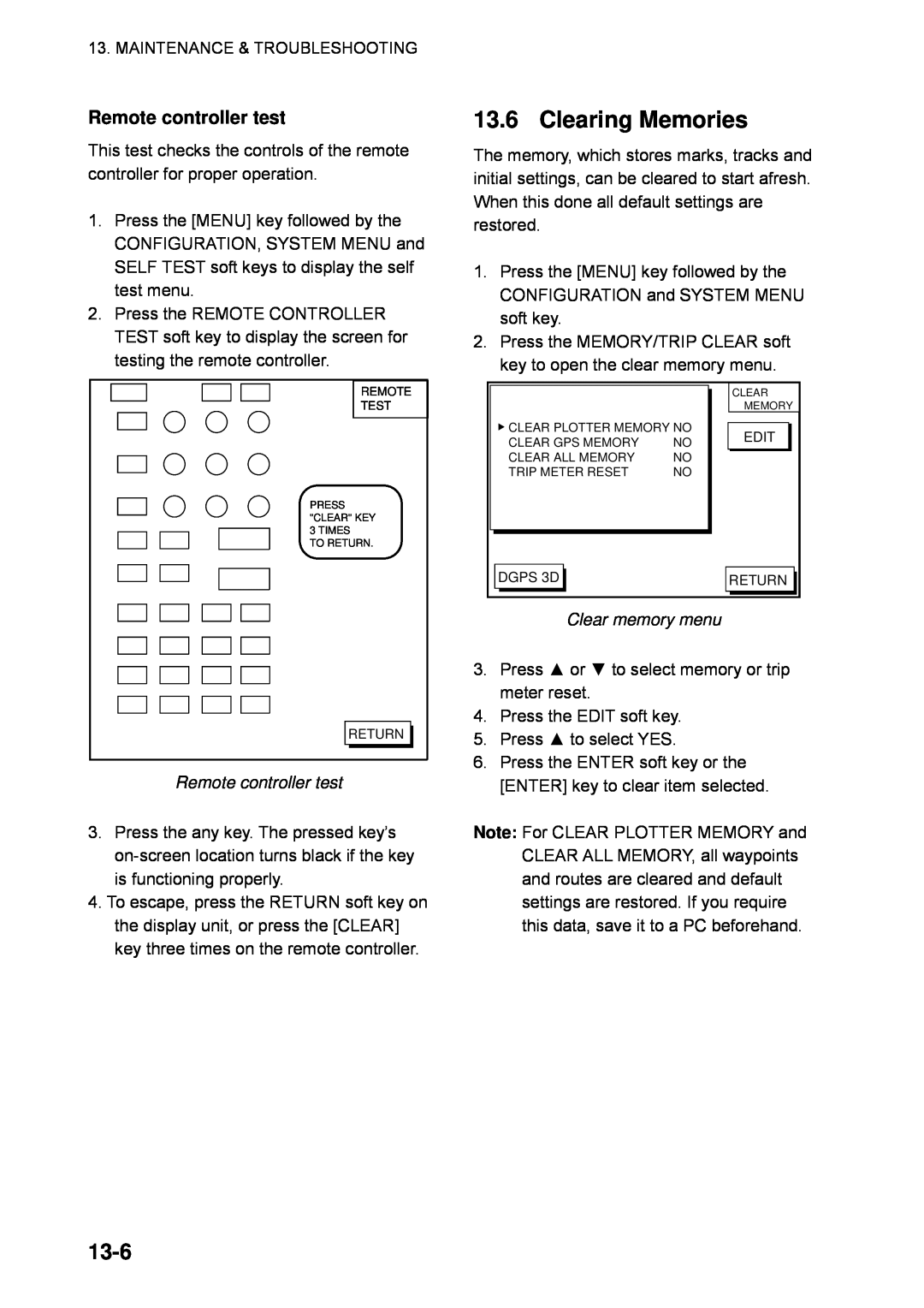 Furuno GP-1850WDF, GP-1850WF manual Clearing Memories, 13-6, Remote controller test, Clear memory menu 