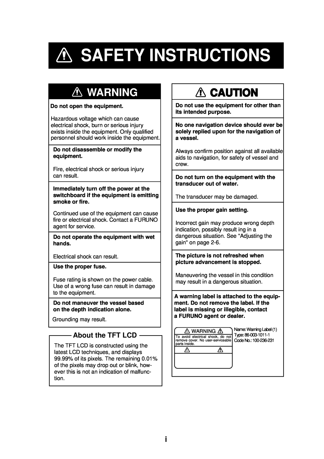 Furuno GP-1850WF, GP-1850WDF manual Safety Instructions, About the TFT LCD 