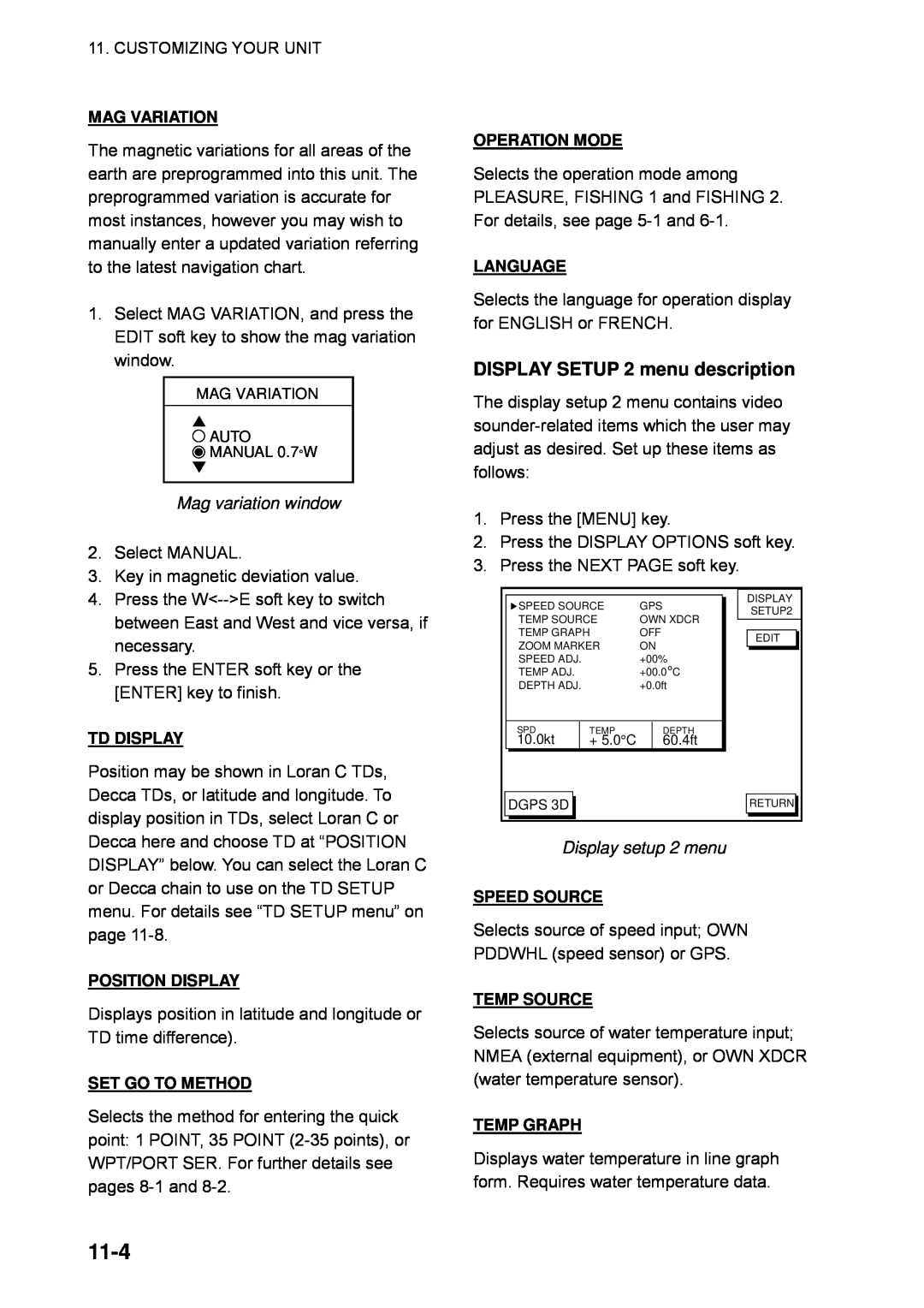 Furuno GP-1850WDF, GP-1850WF manual 11-4, DISPLAY SETUP 2 menu description, Mag variation window, Display setup 2 menu 