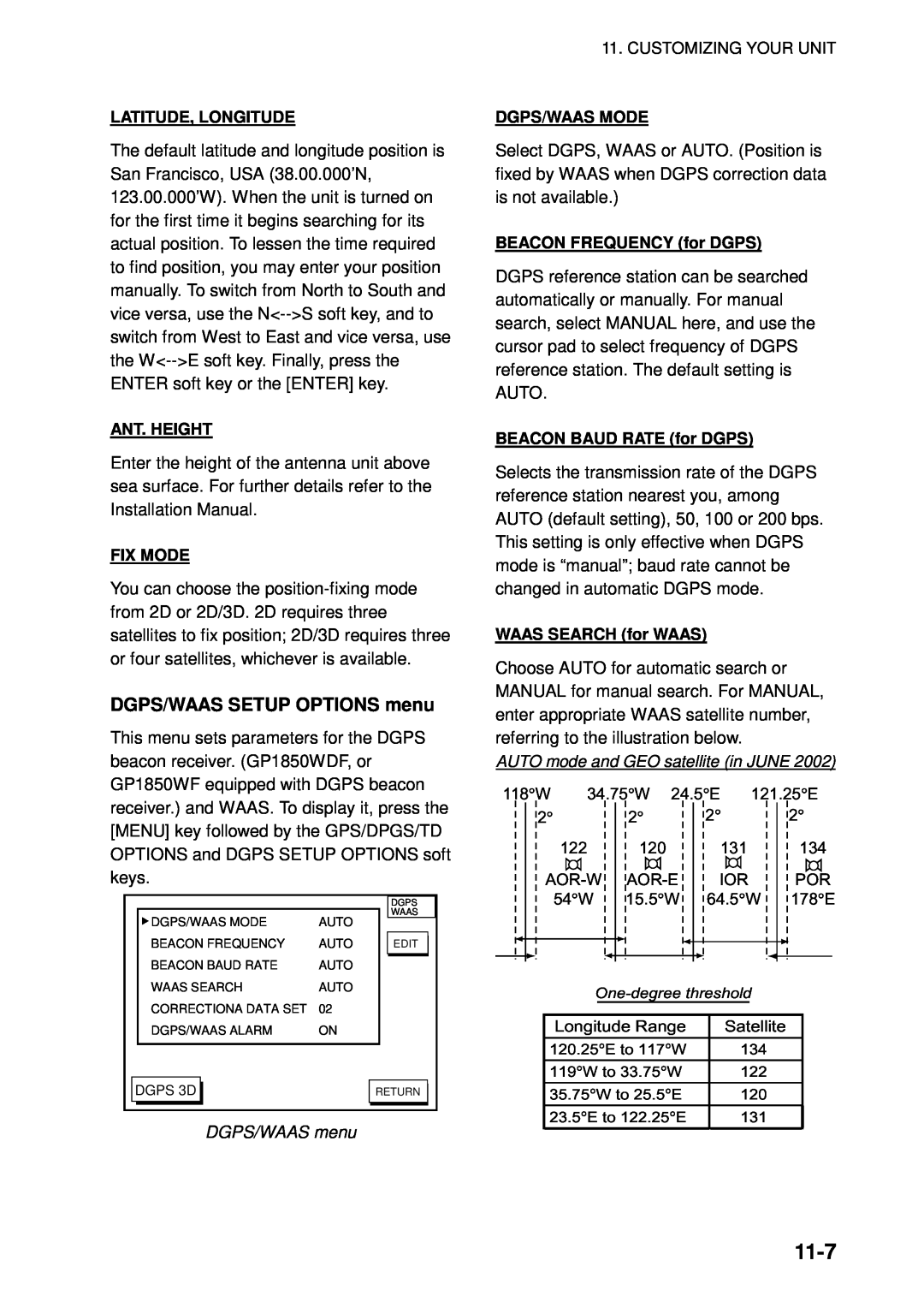 Furuno GP-1850WF, GP-1850WDF manual 11-7, DGPS/WAAS SETUP OPTIONS menu, DGPS/WAAS menu 