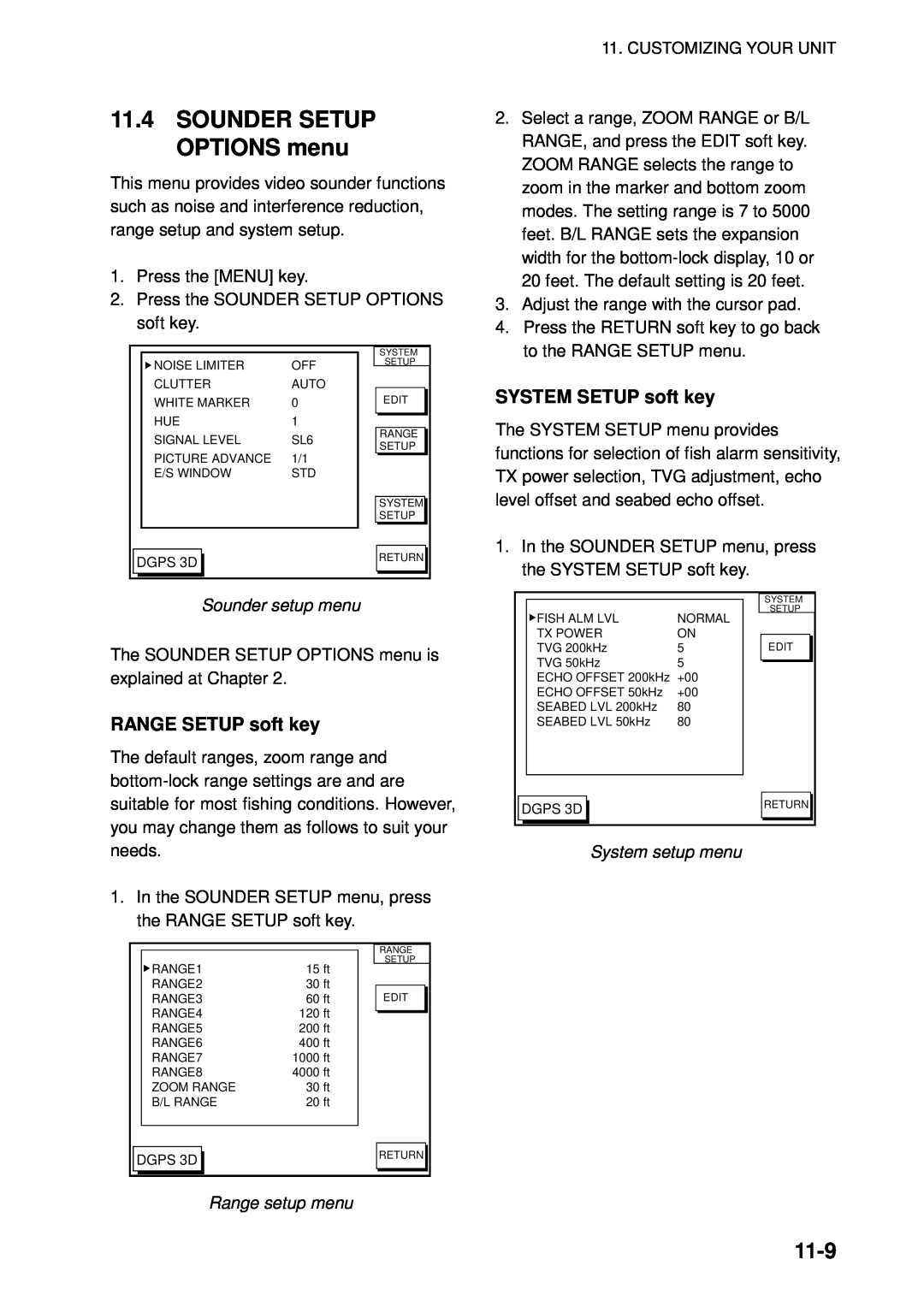 Furuno GP-1850WF manual SOUNDER SETUP OPTIONS menu, 11-9, SYSTEM SETUP soft key, RANGE SETUP soft key, Sounder setup menu 