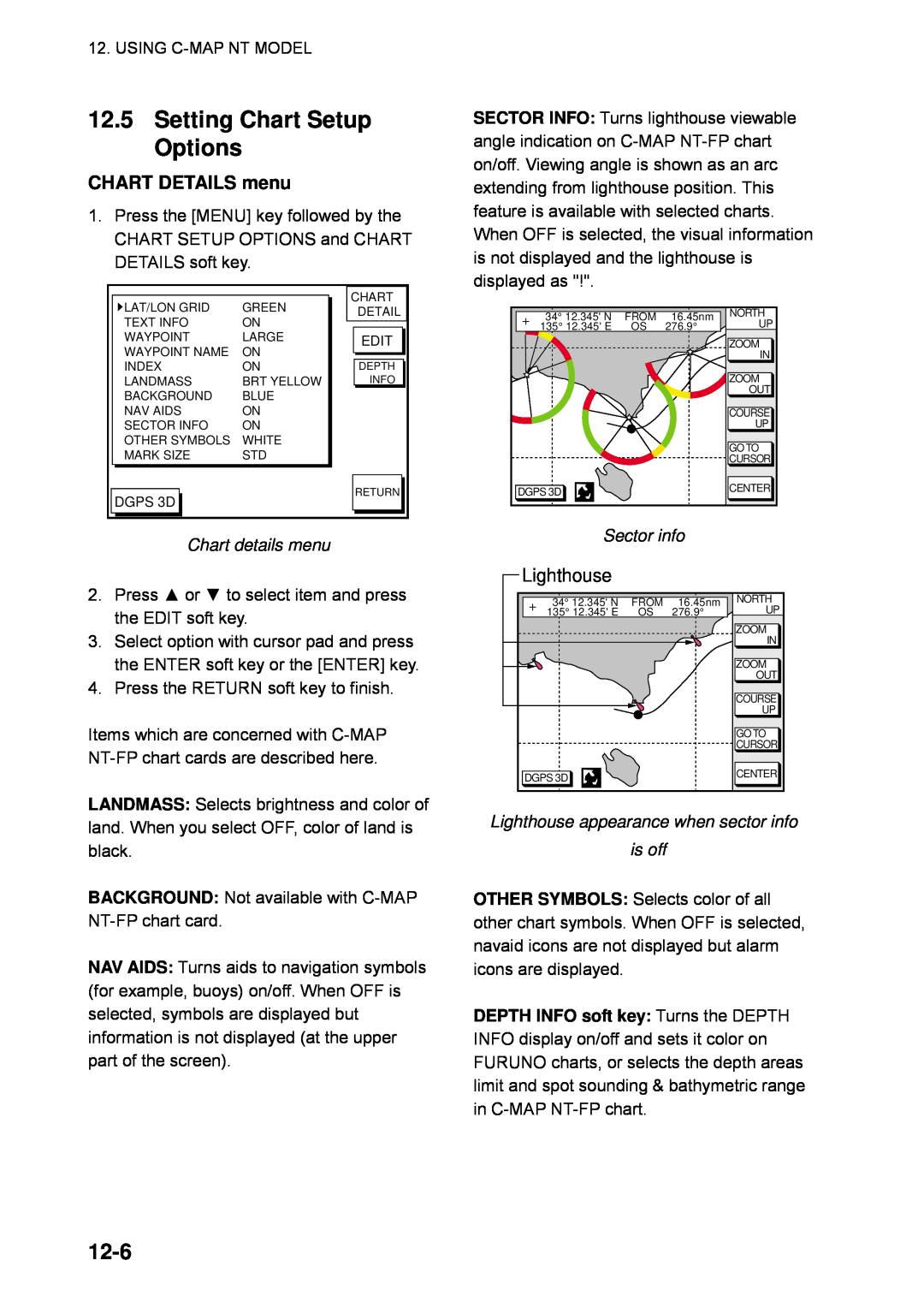 Furuno GP-1850WDF, GP-1850WF manual Setting Chart Setup Options, 12-6, CHART DETAILS menu, Chart details menu, Sector info 
