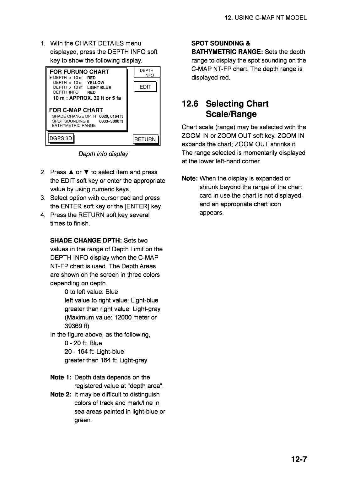 Furuno GP-1850WF, GP-1850WDF manual Selecting Chart Scale/Range, 12-7, Spot Sounding, Depth info display 