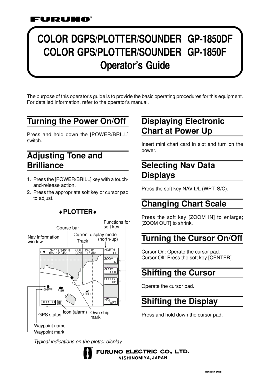 Furuno GP-185F manual Turning the Power On/Off, Adjusting Tone Brilliance, Displaying Electronic Chart at Power Up 