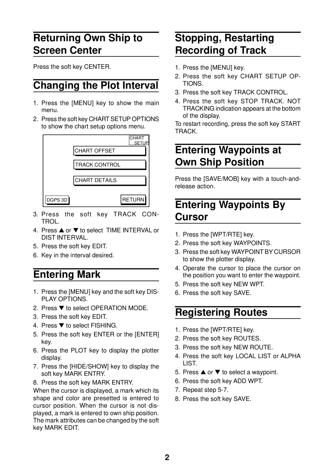 Furuno GP-185F manual Returning Own Ship to Screen Center, Changing the Plot Interval, Entering Mark, Registering Routes 