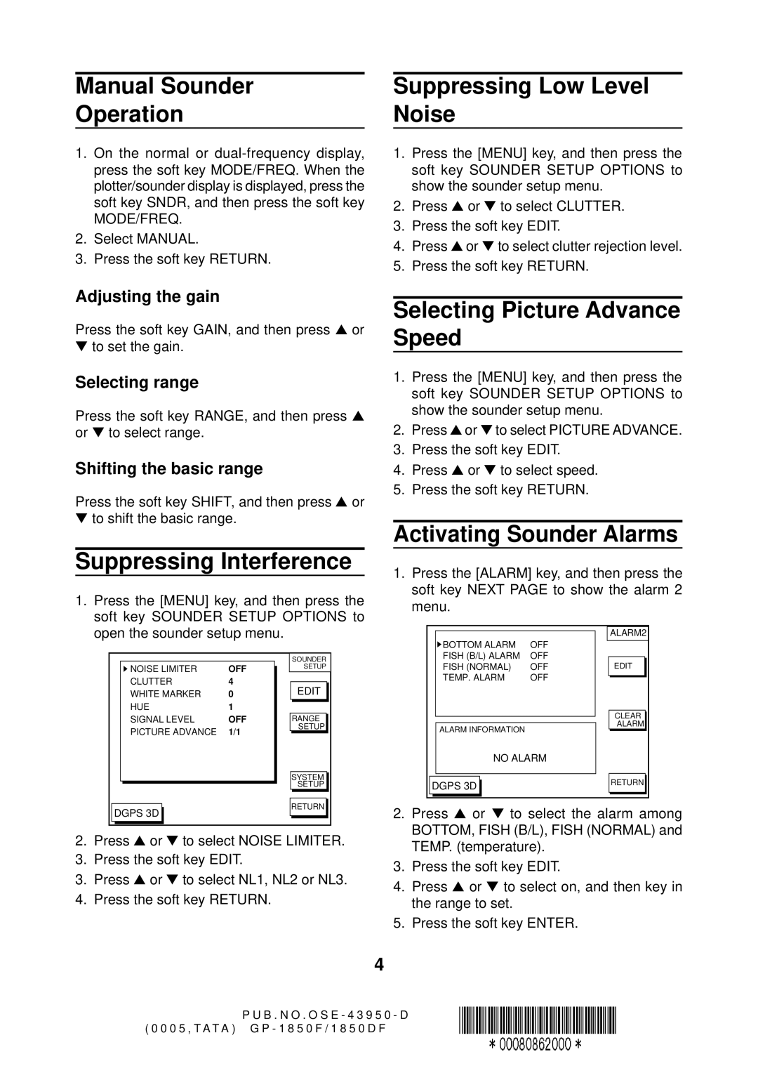 Furuno GP-185F Manual Sounder Operation, Suppressing Low Level Noise, Suppressing Interference, Activating Sounder Alarms 