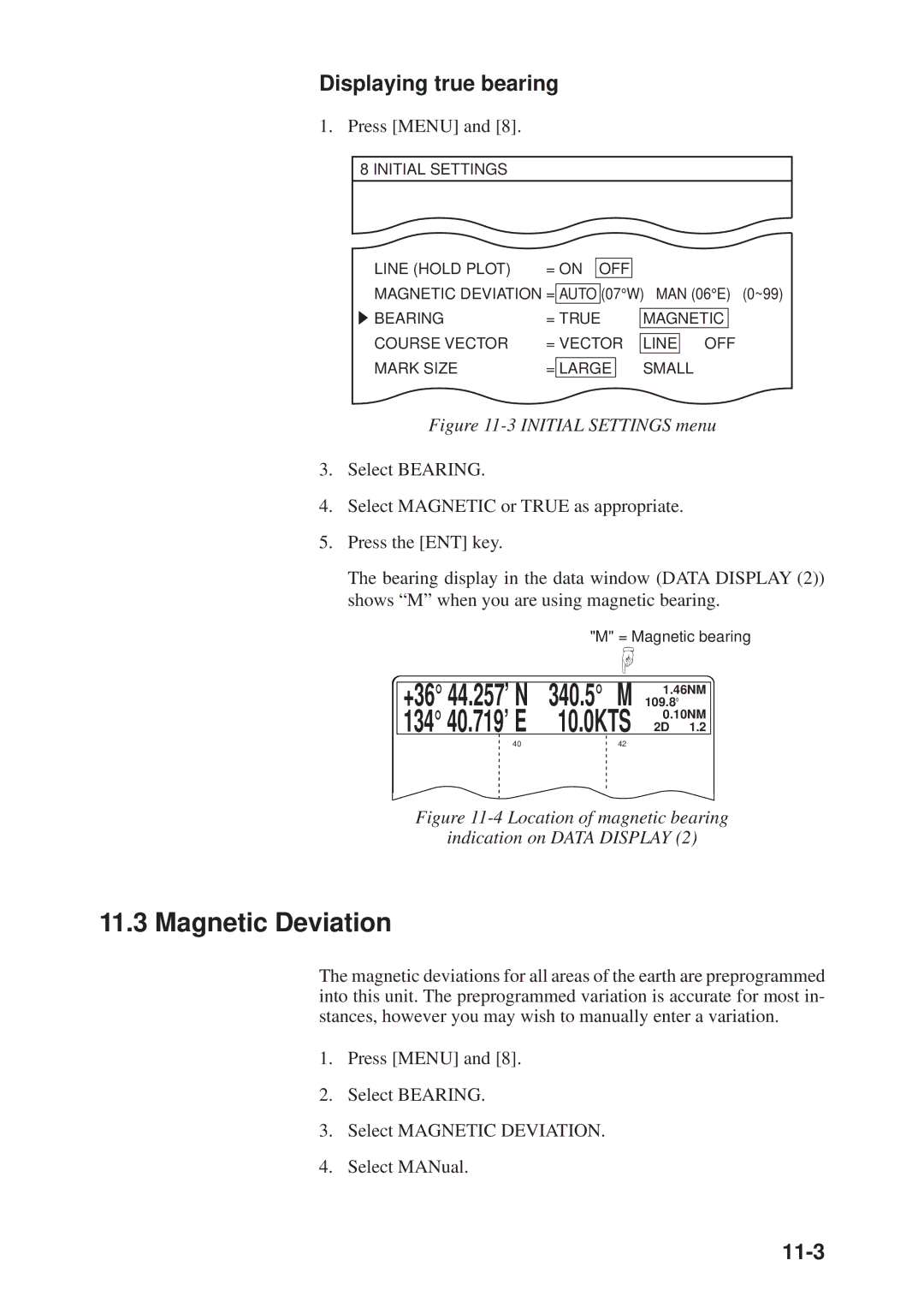 Furuno GP-3300, GD-3300 manual Magnetic Deviation, Displaying true bearing, 11-3 